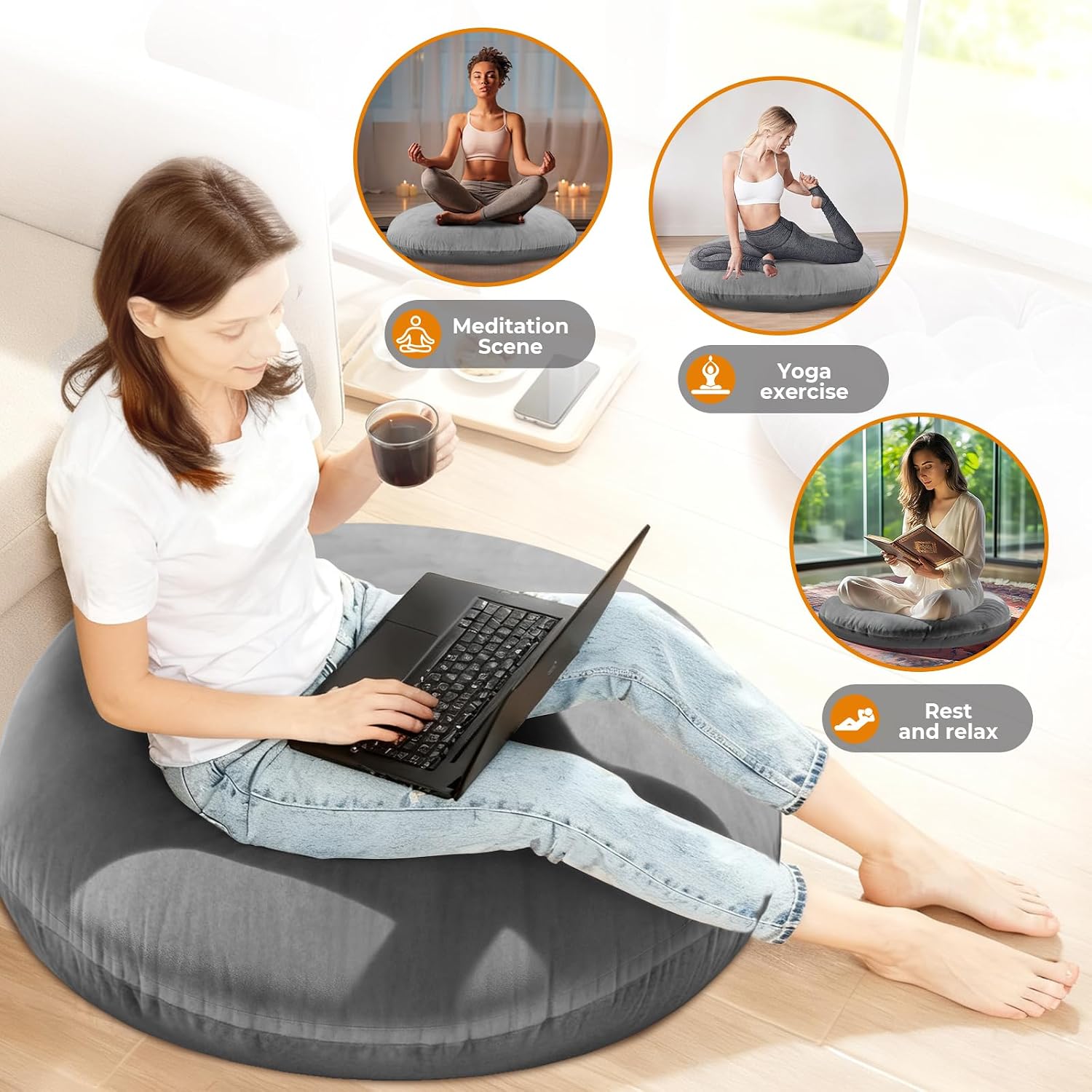Large Floor Pillow, 32" Round Floor Cushion with 13" Thick Padding for Adults, Velvet Meditation Cushion for Yoga & Lounge Seating, Decorative Accent Pillow (Grey)