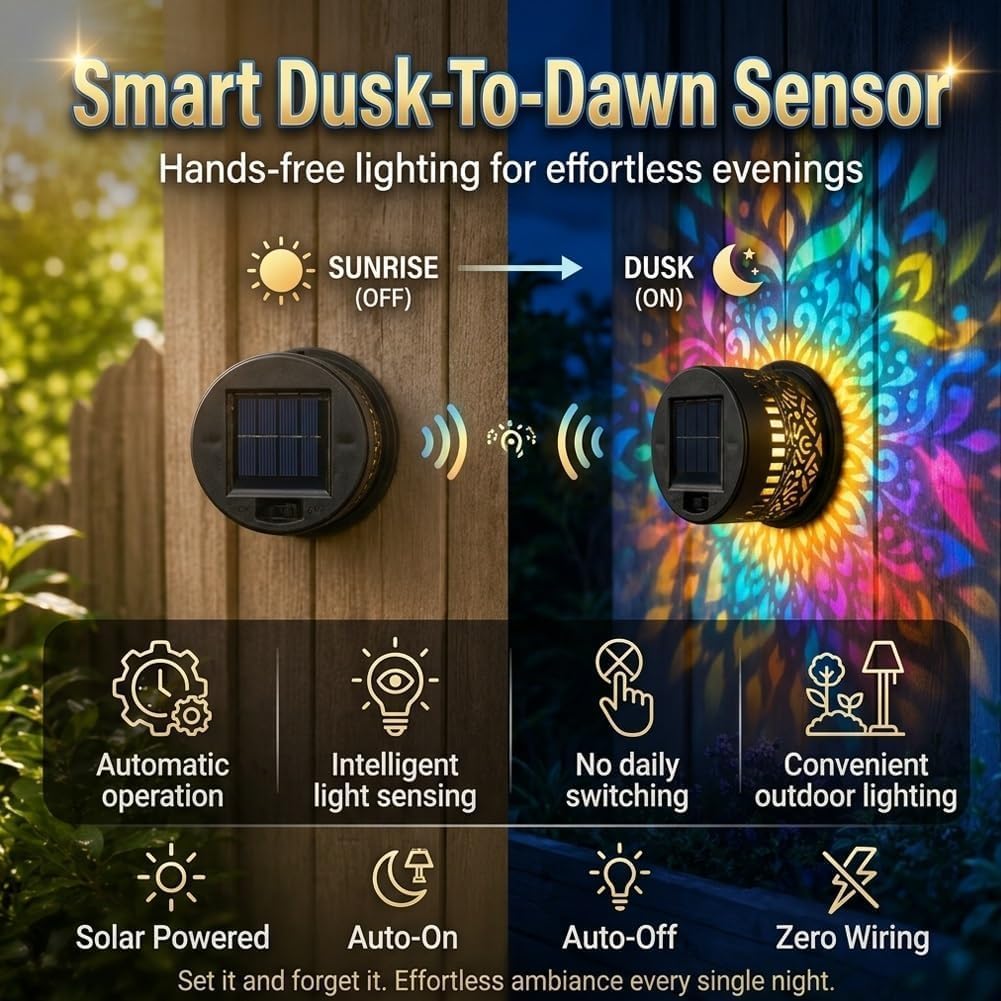 Decorative Solar Mandala Wall Light, Solar Powered Outdoor Fence Light with Artistic Projection Pattern, Waterproof Garden Patio Backyard Wall Decor, Auto Dusk to Dawn Lighting (1pc,Warm) image 4