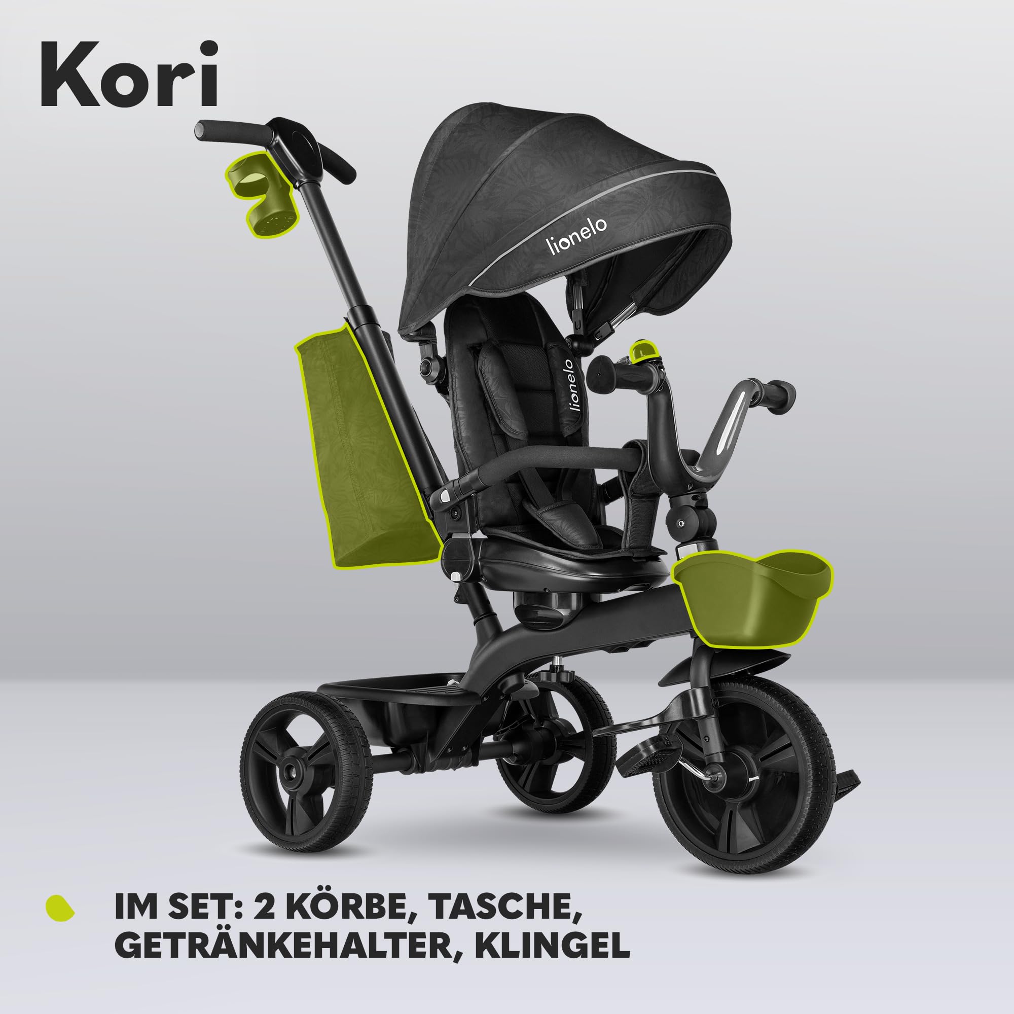 Lionelo Kori Dreirad mit Schubstange für Kinder ab 1,5 bis 5 Jahre, drehbarer Sitz, Magnesium-Rahmen, wartungsfreie Gummiräder, freies Rad, abnehmbares Vordach, 55 x 80 x 56 cm