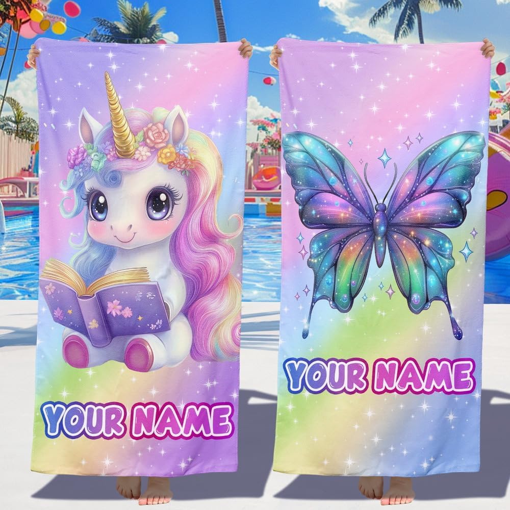 Loosusu Personalised Beach Towels for Kids - Custom Beach Towels with Monogram & Name- Ultra Absorbent Super Soft Swimming Towels for Kids,Customised Bath/Pool/Beach Towel for Boys Girls(Unicorn-C)