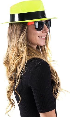 Miniatura 8 de Suministros de fiesta de neón estilo de los años 80 sombreros de gángster de neón sombreros de fiesta Fedora con mini boas de neón disfraces de