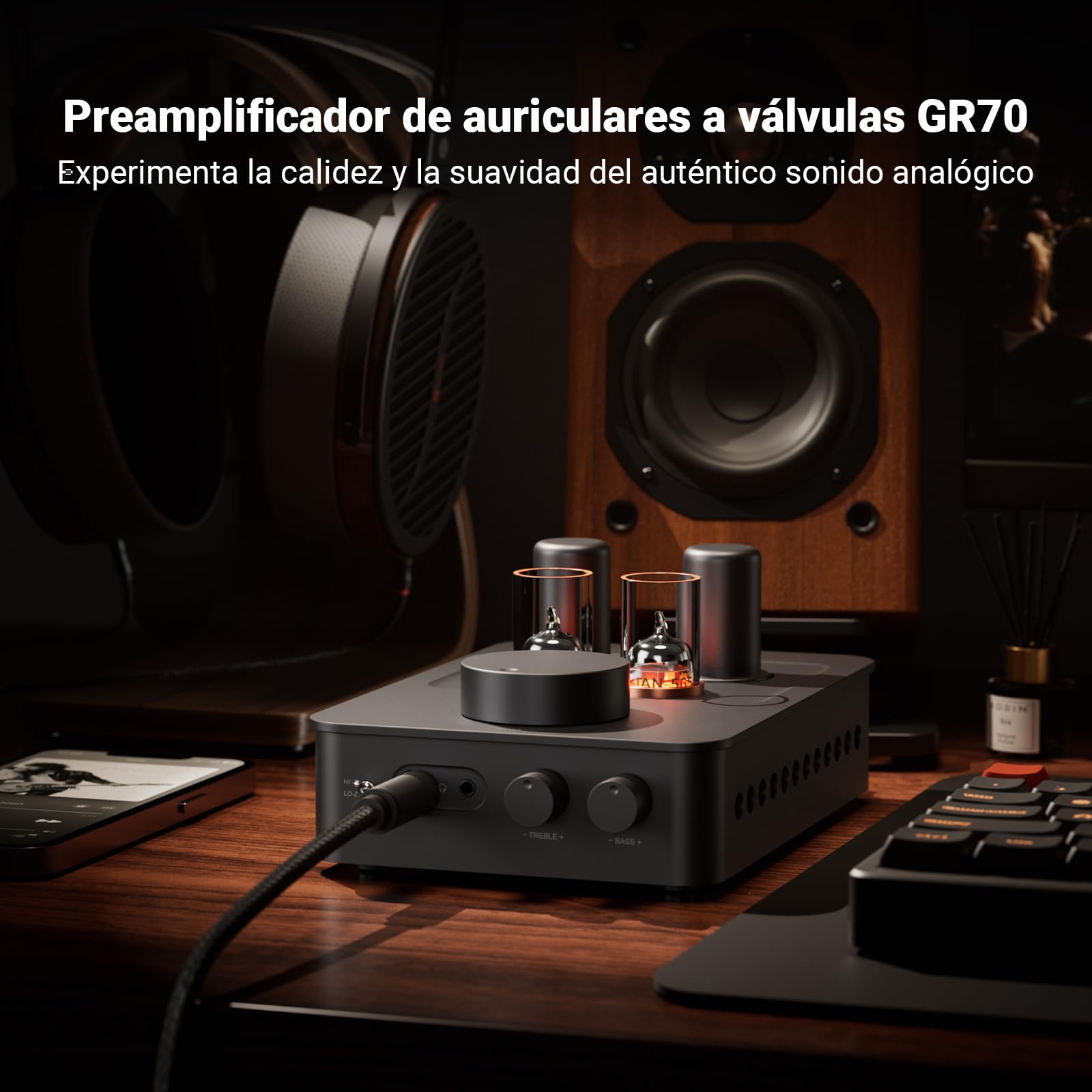 Fosi Audio GR70 Preamplificador de Auriculares, Auténtico Amplificador a Válvulas con Vacío 5654W*2 y 6AC7*2, Mini Preamplificador HiFi para Audio Doméstico, Compatible con Impedancia de 16-300 Ohmios