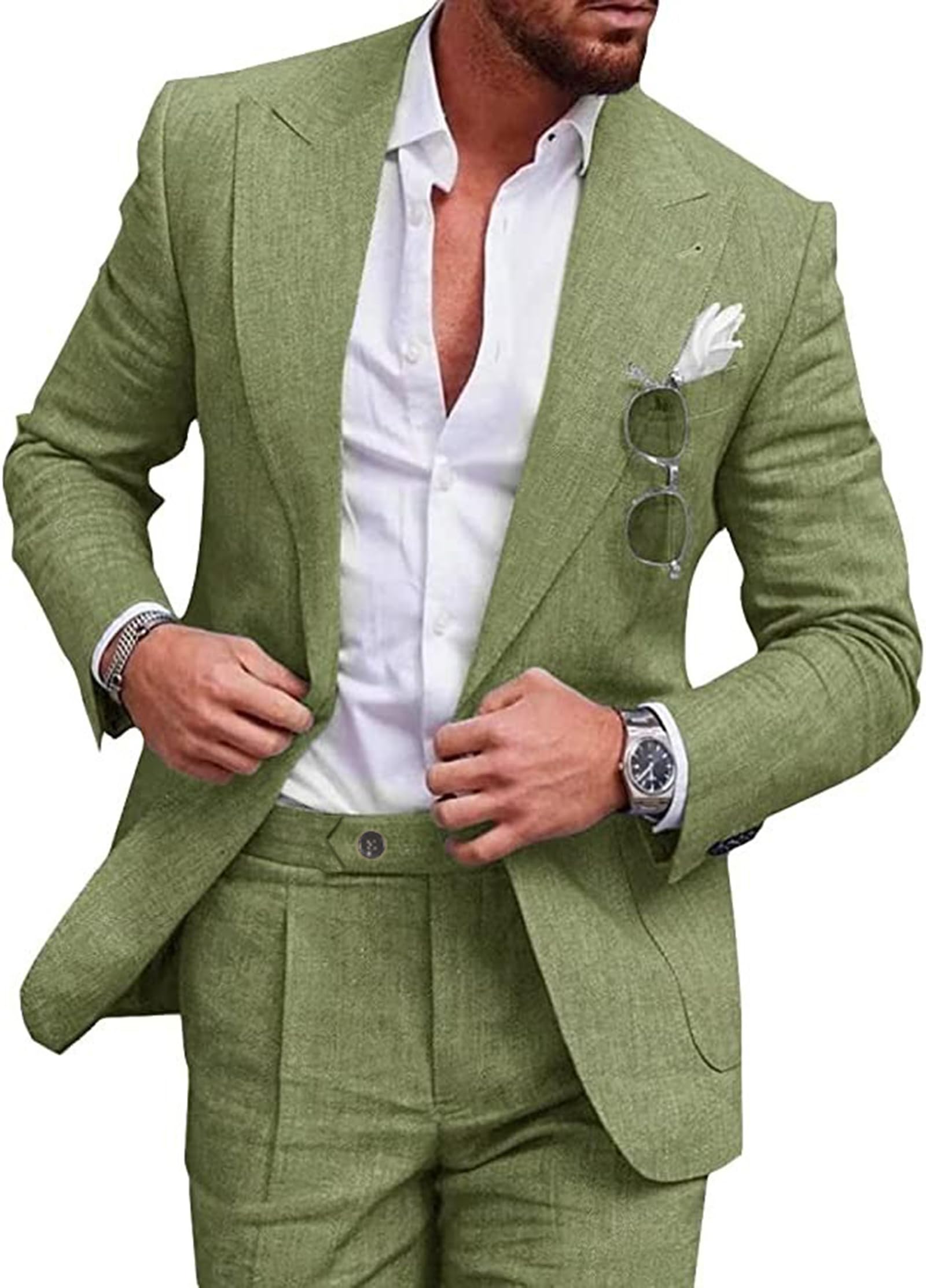 Photo 1 of UNINUKOO Linen Suit for Men Summer Wedding 2 Piece Suit Set Peak Lapel Casual Blazer Pants Beach Wear for Men US Size 3XL Green