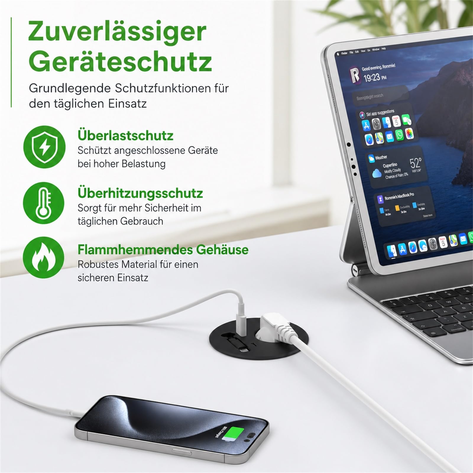 Einbausteckdose mit einziehbarem USB-C-Kabel für Schreibtisch