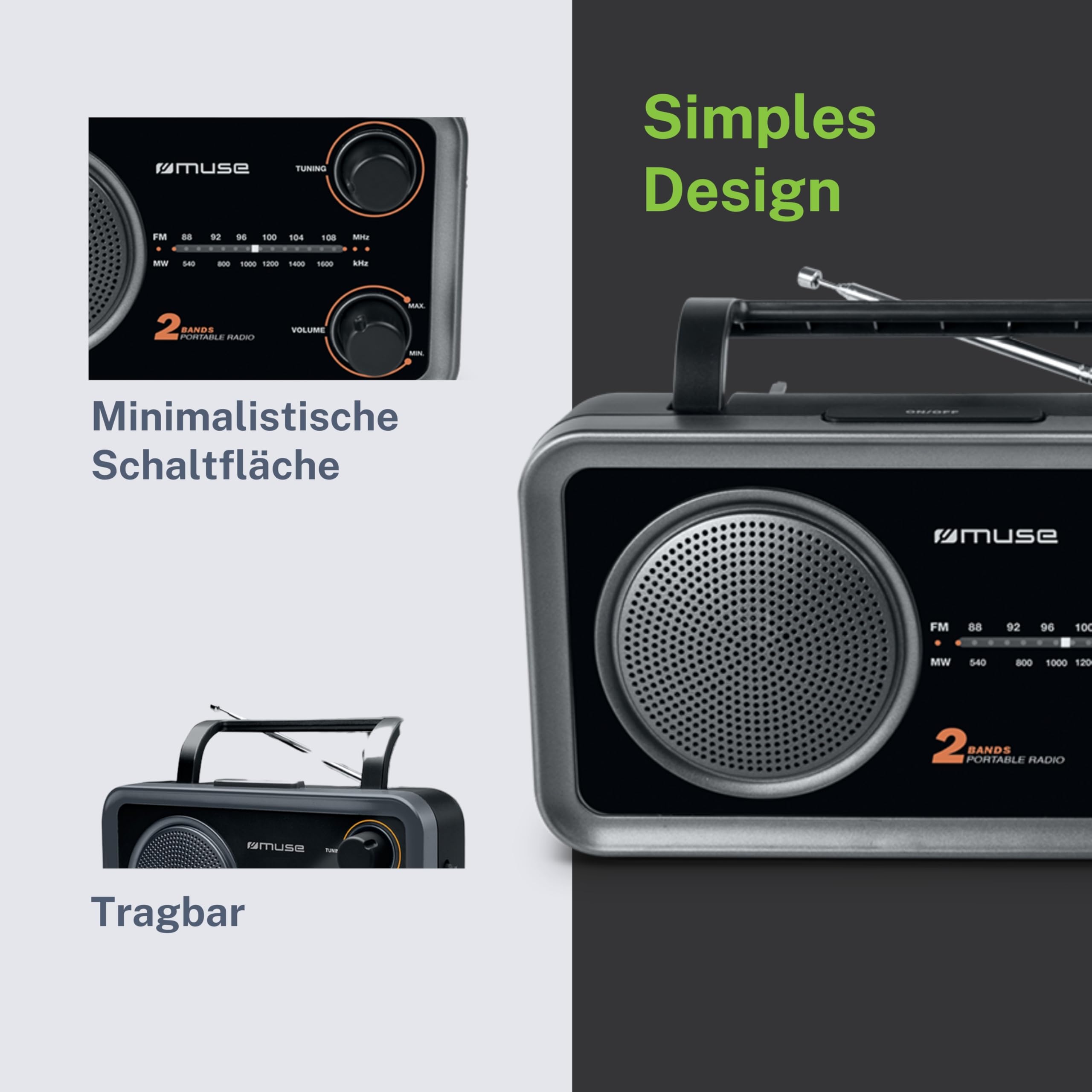 Muse M-06 DS Küchenradio (FM, MW) Radio, Netz- und Batteriebetrieb, AUX-In für Handy, schwarz