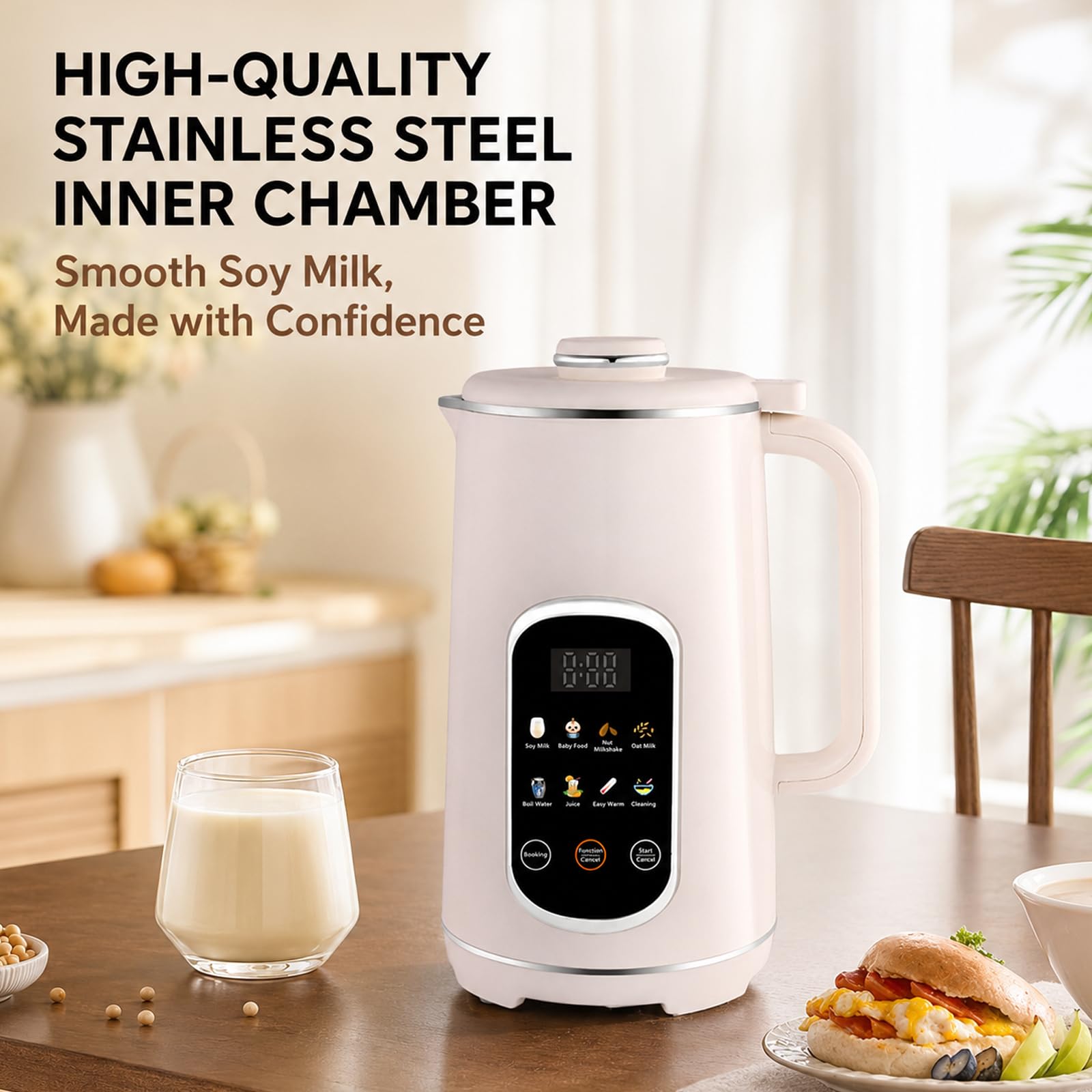 Macchina Automatica per Latte di Soia 1,2 L, 8-in-1 con Timer 12 Ore | 12 Lame, Frullatura dei Legumi Secchi Senza Ammollo, Autopulizia ad Alta Temperatura per Mandorla, Avena, Cocco e Soia