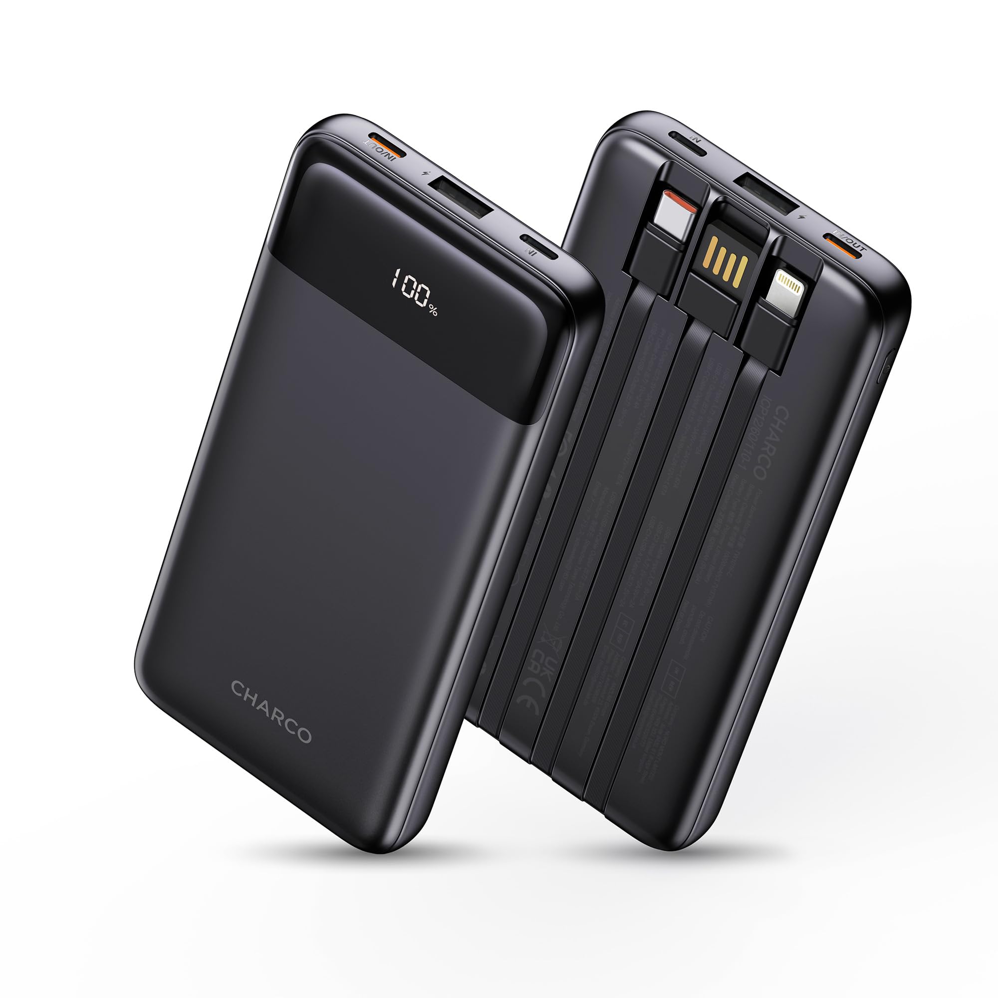 CHARCO Banca portatile di potere del caricatore con costruito nel cavo 10000mAh | Ricarica rapida da 20 W, ultra sottile, dimensioni compatte, essenziali da viaggio per iPhone 17/16/15, Samsung, tablet, nero