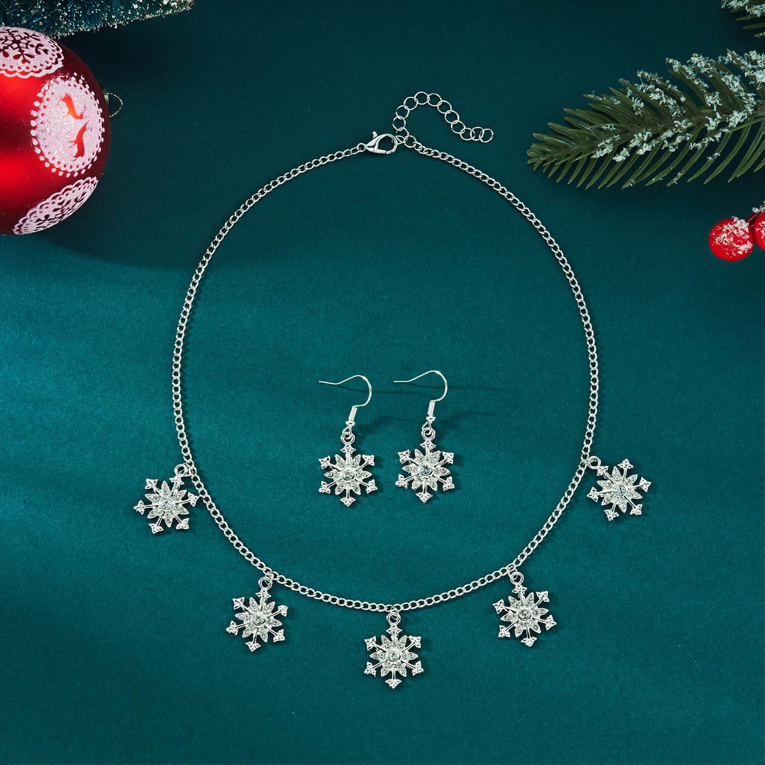 Christmas Snowflake Necklace Earrings Set Rhinestone Pearl Snowflake Jewelry Set Sparkling Snowflakes Pendent Necklace Snowflakes Stud Earrings Christmas Decorations Christmas Jewelry Gift for Women - Image 6