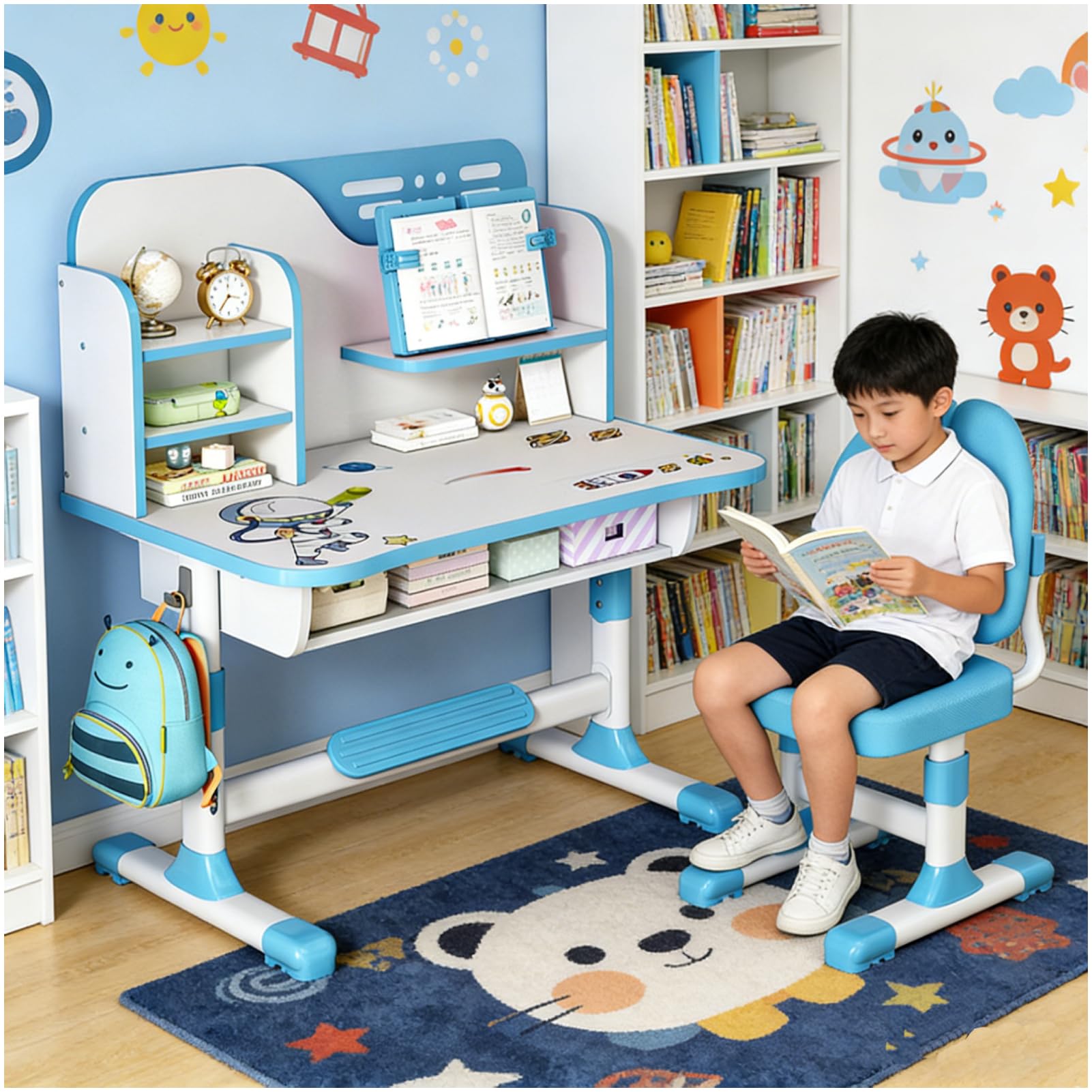 Kids Desk and Chair Set for 3-12, Adjustable Height Study Table Chair with Storage Drawers, Bookstand, Widened Desktop, Ergonomic Desk Chairs for Boys Girls (Blue1)