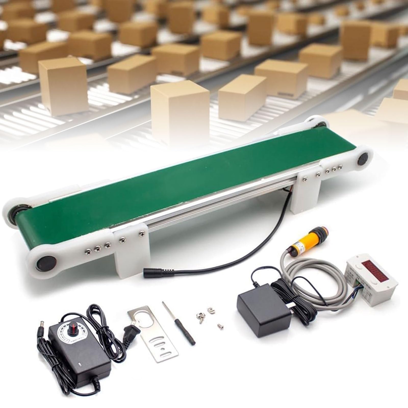 Cinta transportadora de escritorio pequeña, carril de carga eléctrico velocidad ajustable 1,8-7,6 cm/s contador automático