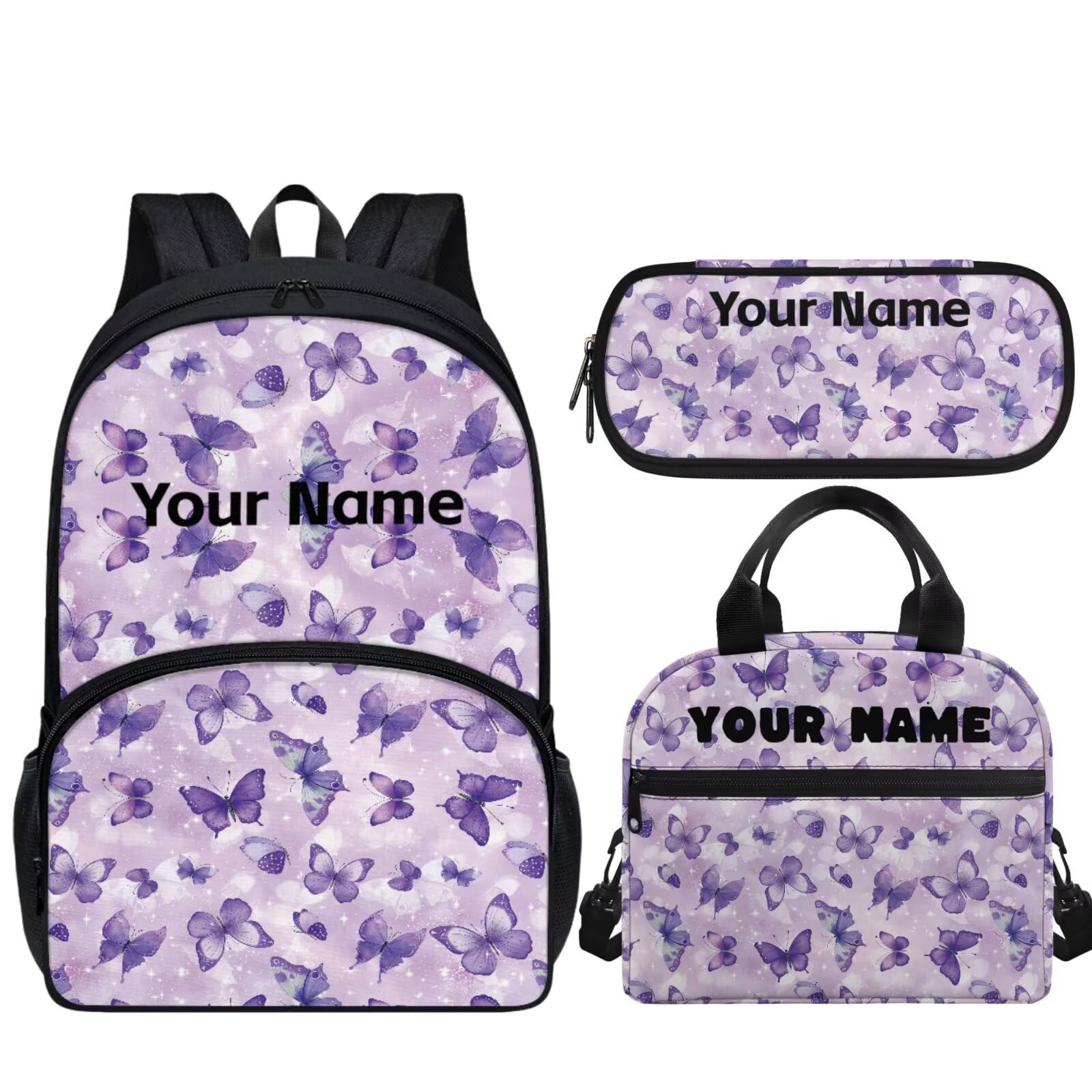 Twousenru Purple Butterfly Print School Bag and Lunch Bag Set for Girls Novelty Pencil Case Large Capacity Travel Portable Backpack Bookbag Rucksack