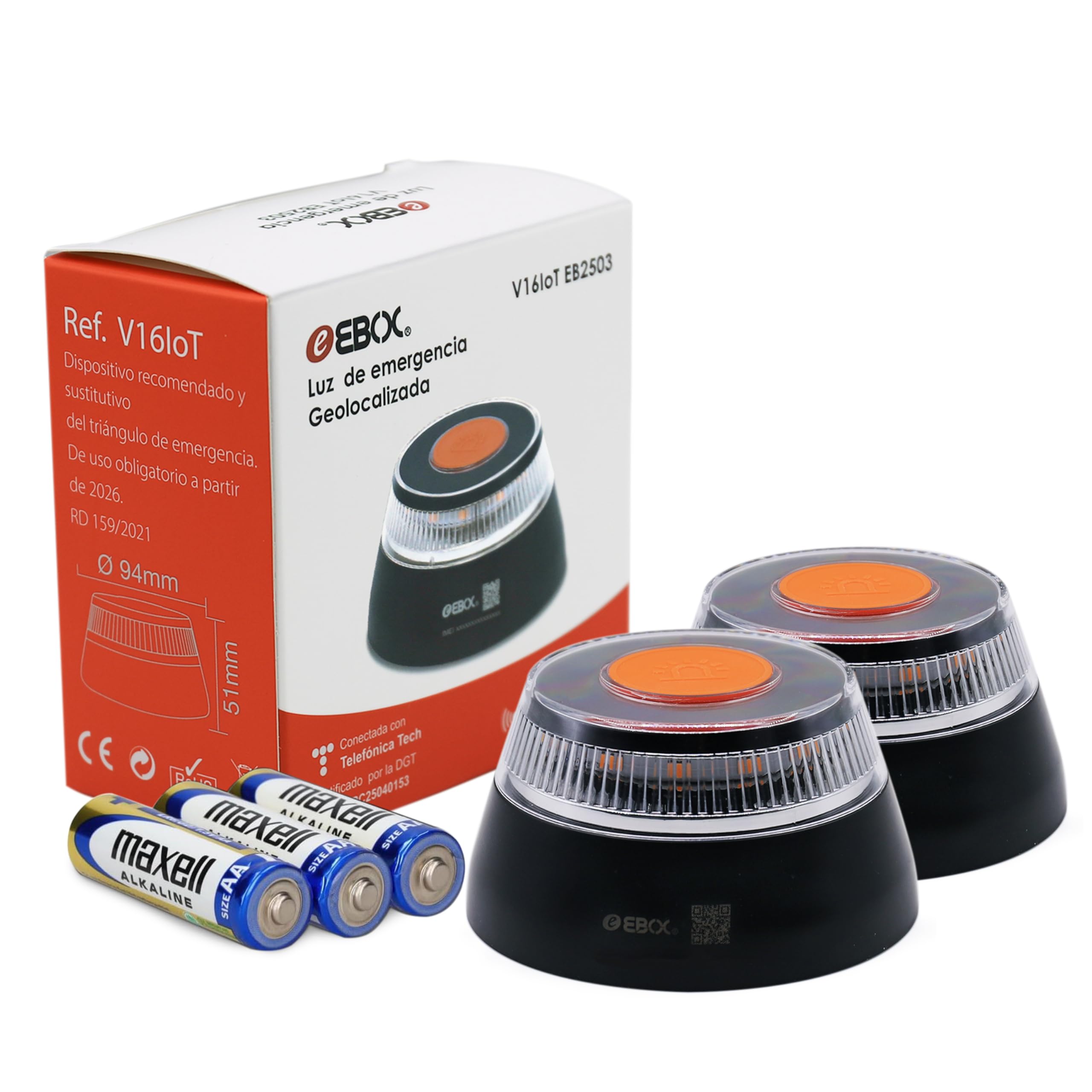 HIBRON EBOX Luz Emergencia V16 Homologada DGT con Geolocalización, Baliza Coche Conectada DGT 3.0, Datos Incluidos hasta 12/2038, Pack 2 Unidades