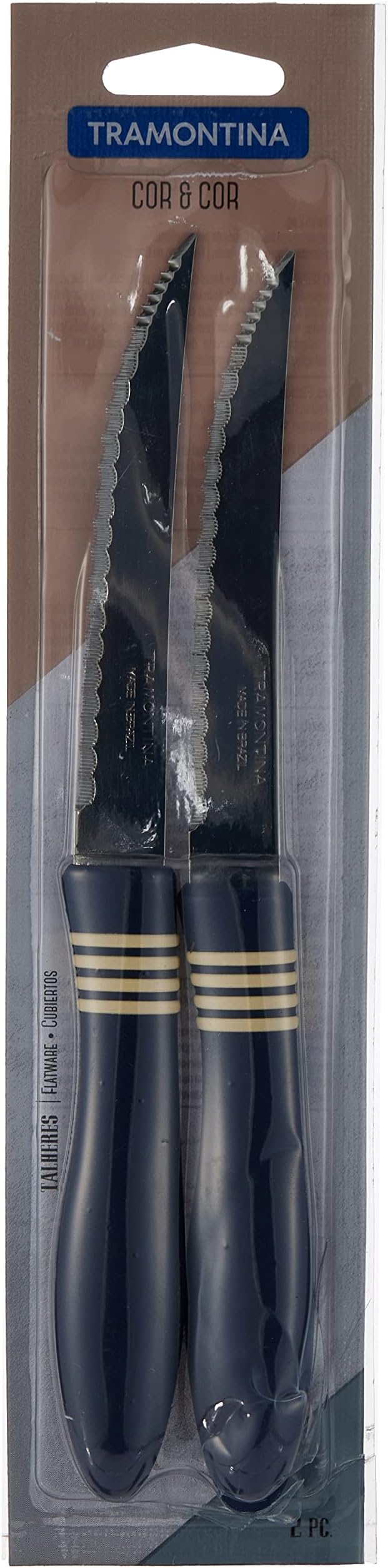 Tramontina Cor&Cor 2 Pieces Steak Knife Set with Stainless Steel Blade and Dark Blue Polypropylene Handle