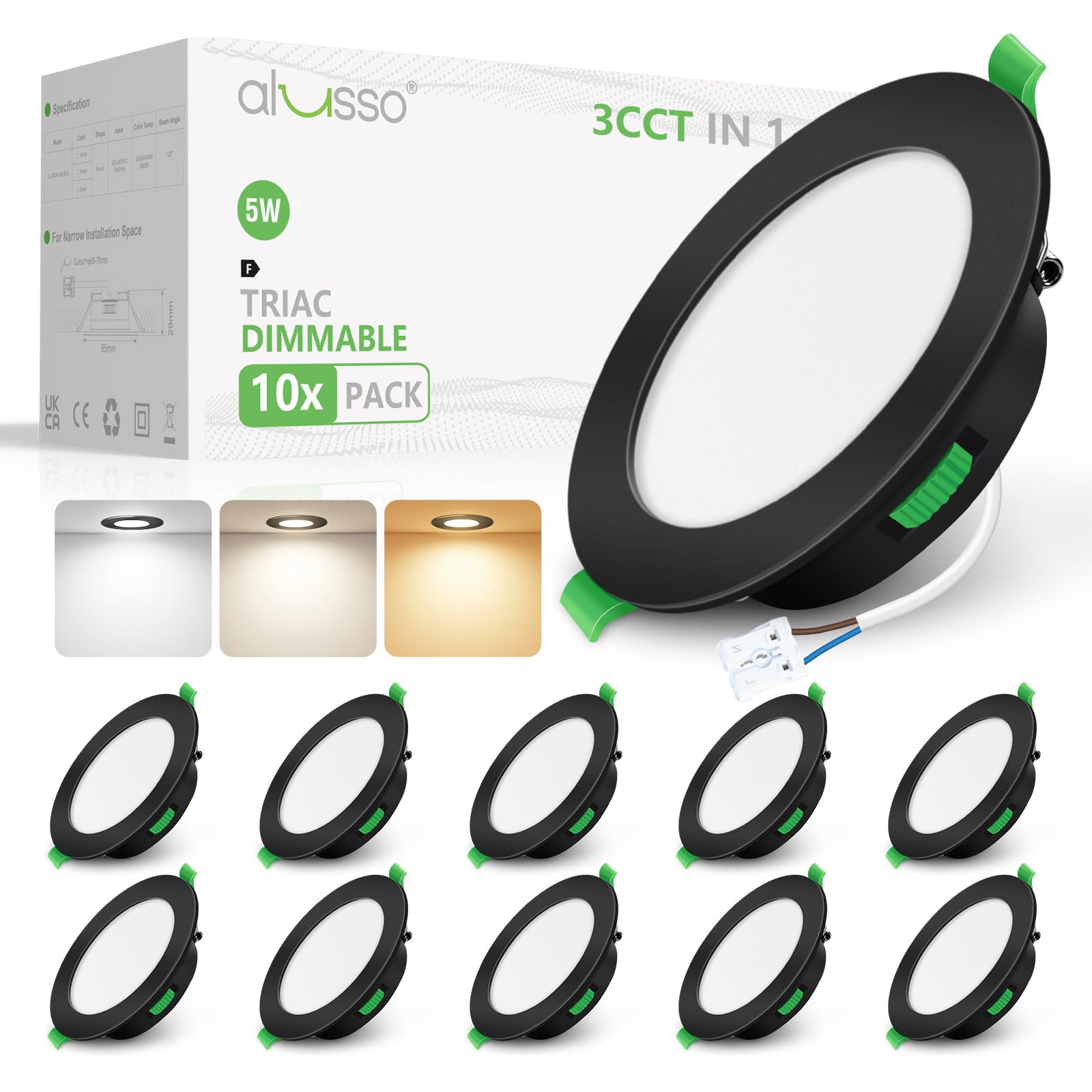 ALUSSO LED Einbaustrahler 230V Flach Dimmbar 5W Schwarz LED Spots 230V IP44 Warmweiß 3000K Neutralweiß 4000K Kaltweiß 6500K Deckenstrahler 6er Set