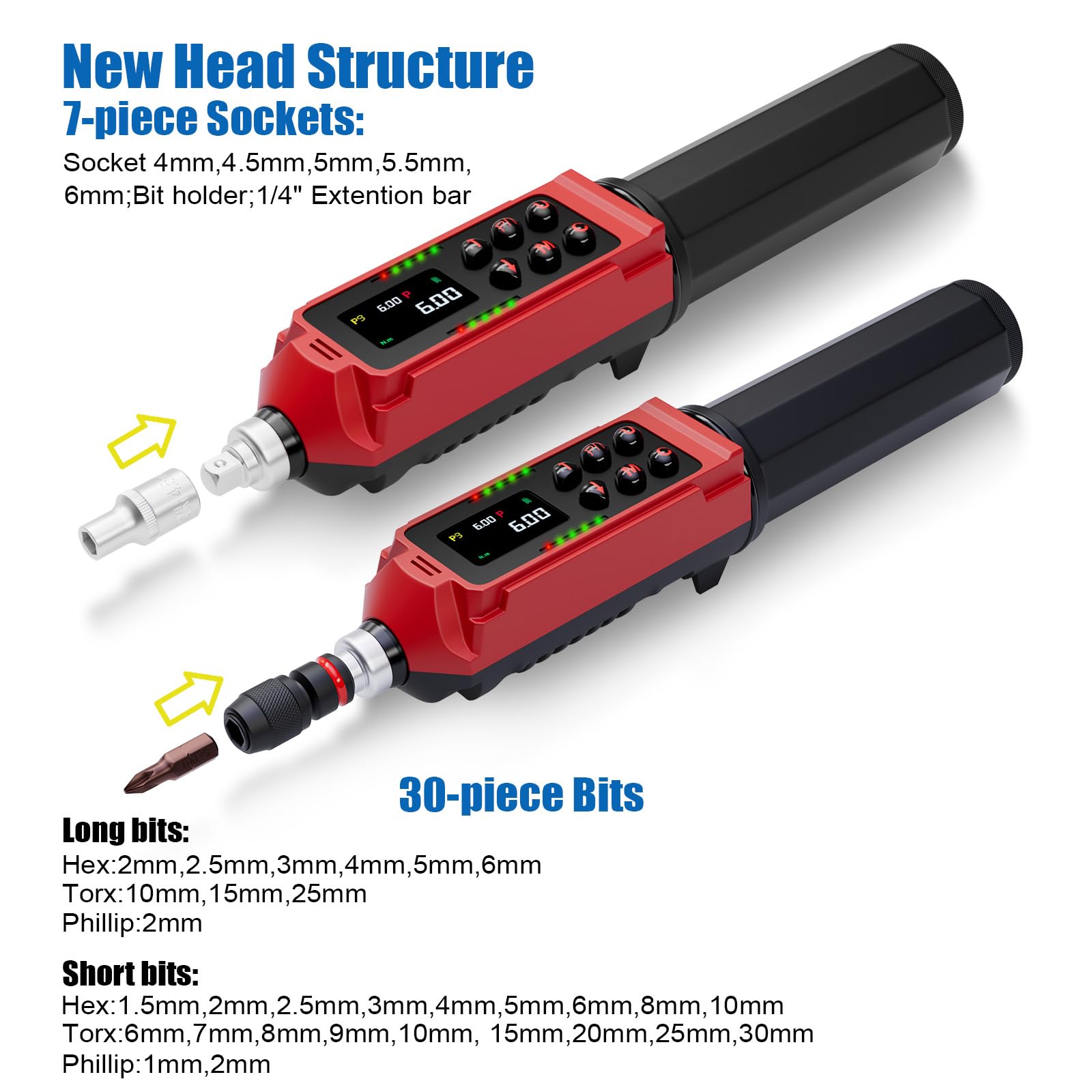 ANPUDS Tournevis Dynamométrique Numérique, 0.09-6Nm Clé tournevis dynamométrique avec Poignée Vibrante, Buzzer et LED, Précision ±1%, Tournevis Dynamométrique Pour la réparation de vélo