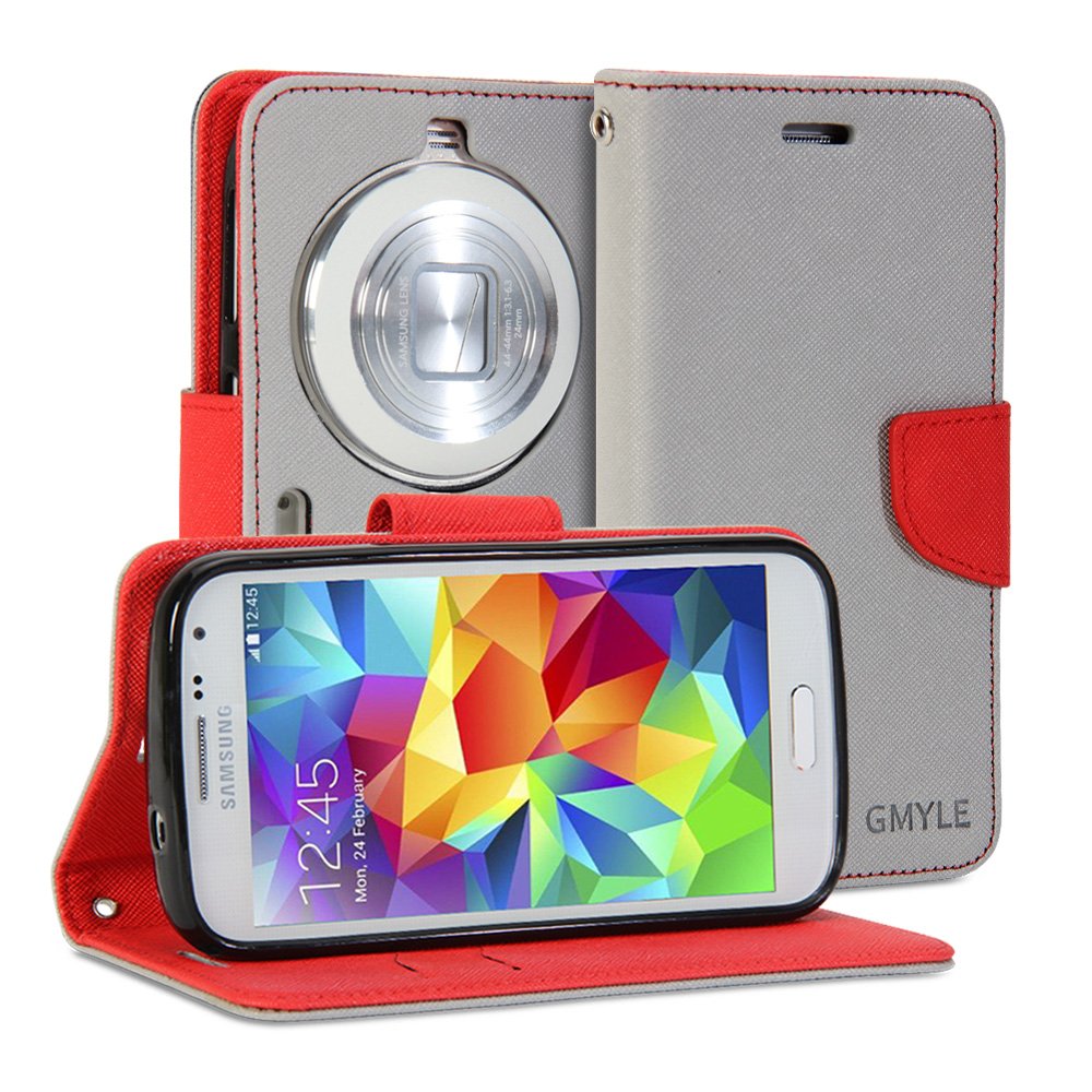 Galaxy K Zoom Case, GMYLE Wallet Case Classic for Samsung Galaxy K (S5 Zoom) - Silver Grey & Red Cross Pattern PU Leather Slim Wallet Case Flip Folio Stand Cover