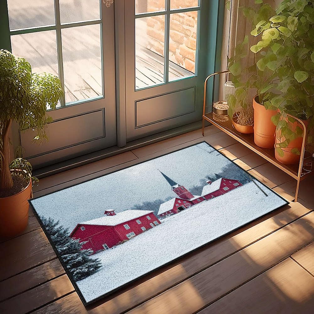 Tapis de porche d'hiver avec grange rouge pour sublimer votre entrée ce Noël