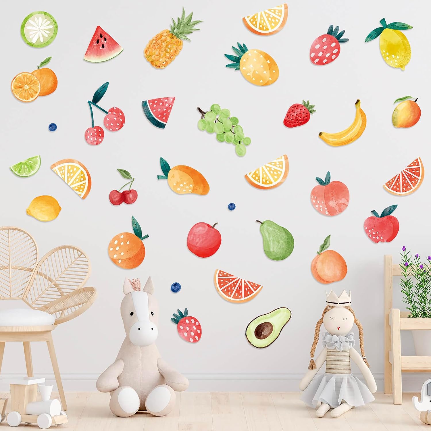Dayker Summer Fruit Wall Decals, Colorful Fruits Peel and Stick Wall Stickers, Pear Cherry Watermelon Lemon Wallpaper, DIY Art Decor for Bedroom Classroom Nursery Kitchen Fruit Party Supplies