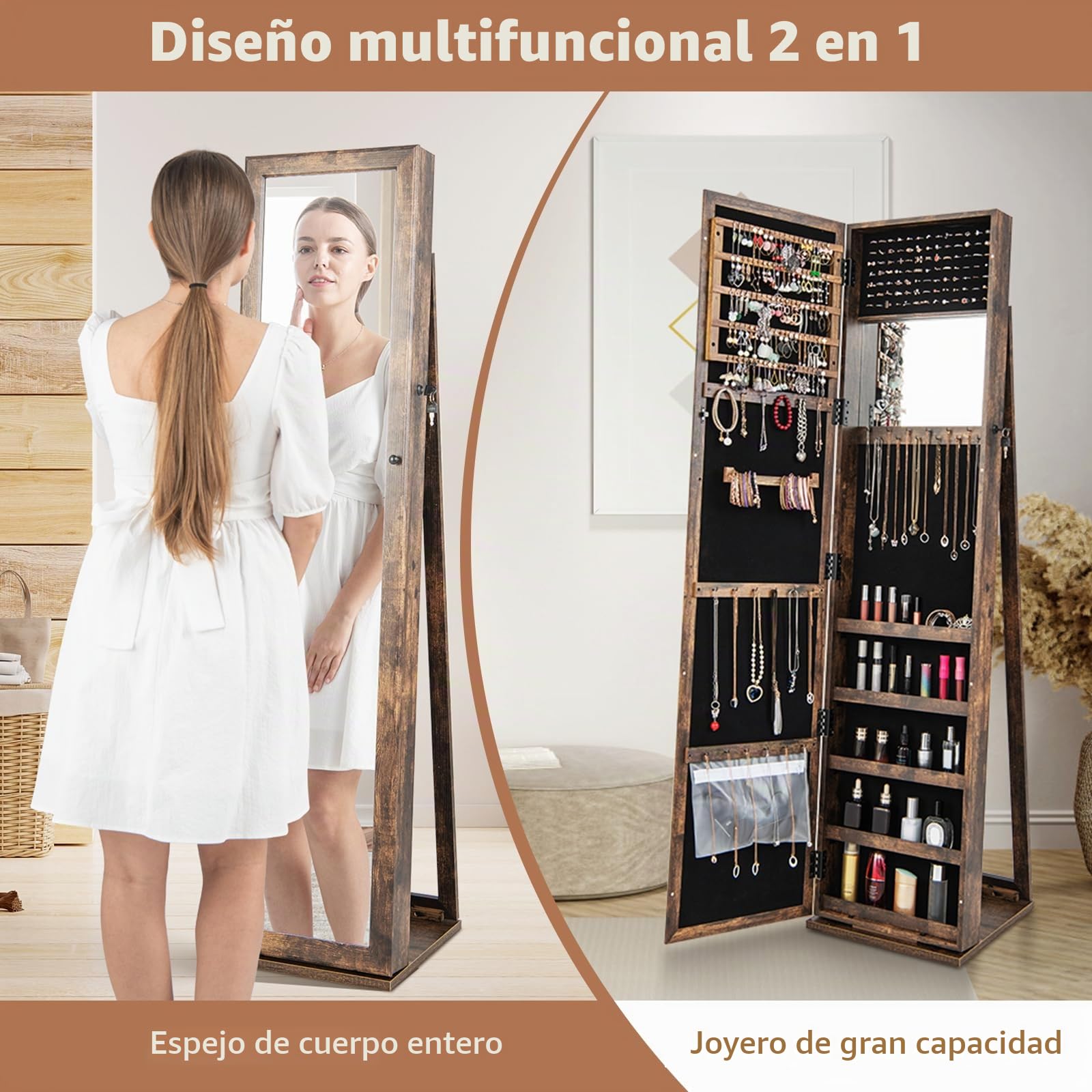 HOMASIS Armario joyero de pie, Armario para joyas con espejo de cuerpo entero y espejo de maquillaje integrado, Espejo vertical giratorio con cerradura y 2 llaves y escalera, 38x37x157cm (Marrón)