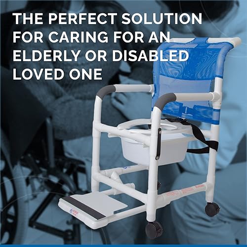 Miniatura 6 de Silla de ducha con ruedas con brazos caídos, asiento de malla, ruedas de bloqueo, cinturón de seguridad, reposapiés deslizante y cubeta para cómoda.