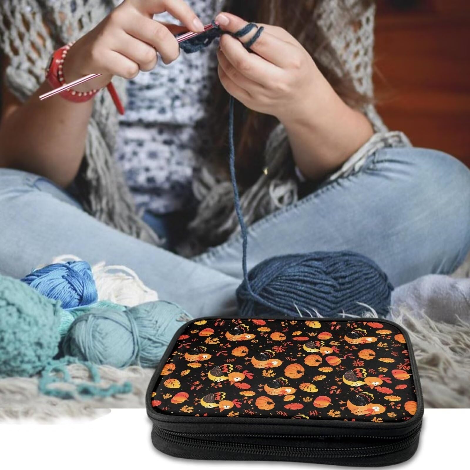 Yuresuaet Thanksgiving Turkey Crochet Hook Organizer Case Zipper Crochet Storage Bag Organizer with Mesh Pocket Delicate Crochet Hook Holder for Carrying Various Crochet Needles and Accessories