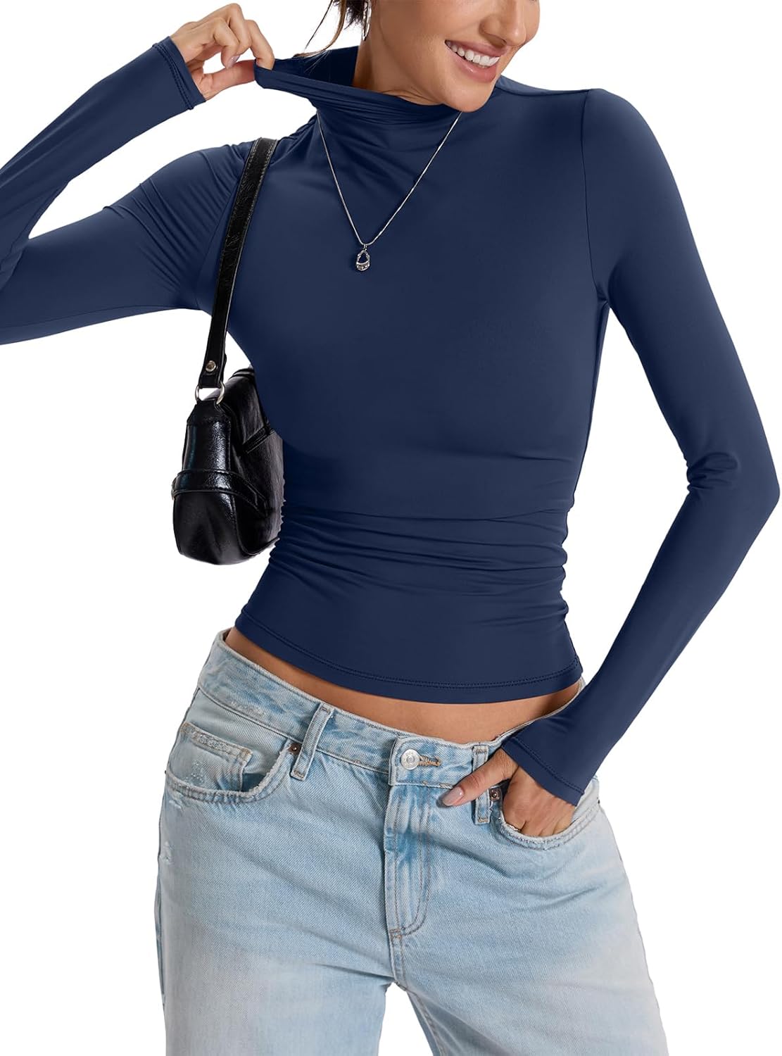 Womens Double Lined Turtleneck T Shirts Back Zipper Long Sleeve Shirts Fitted Basic Undershirts Fall Oufits - Image 2