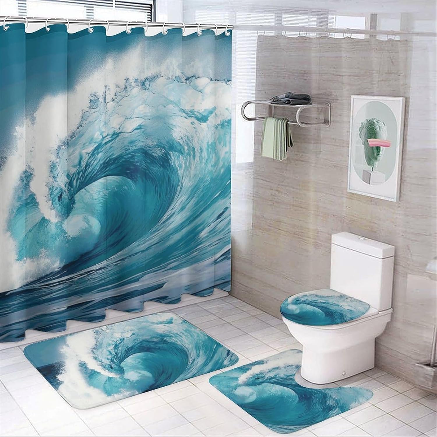 Ocean Wave Shower Curtains Set 4 Piece with Non-Slip Rugs, Toilet Lid Cover and Bath Mat Soft Bathroom Carpet Waterproof Bathroom Curtain with 12 Hooks for Bathroom Decor