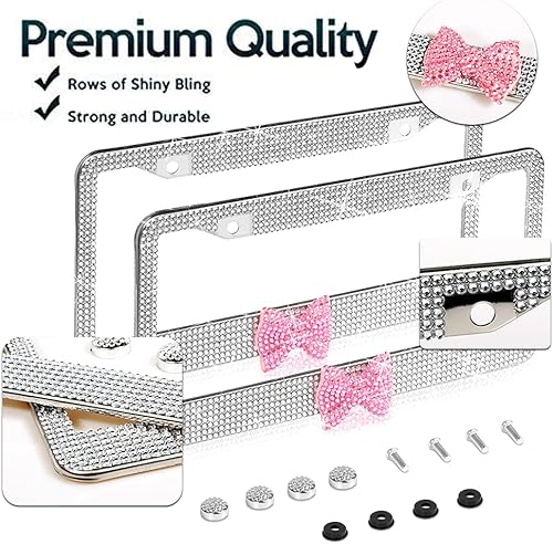 Miniatura 2 de Paquete de 2 marcos de matrícula con brillos, marcos de matrícula de acero inoxidable premium con diamantes de imitación brillantes hechos a mano,