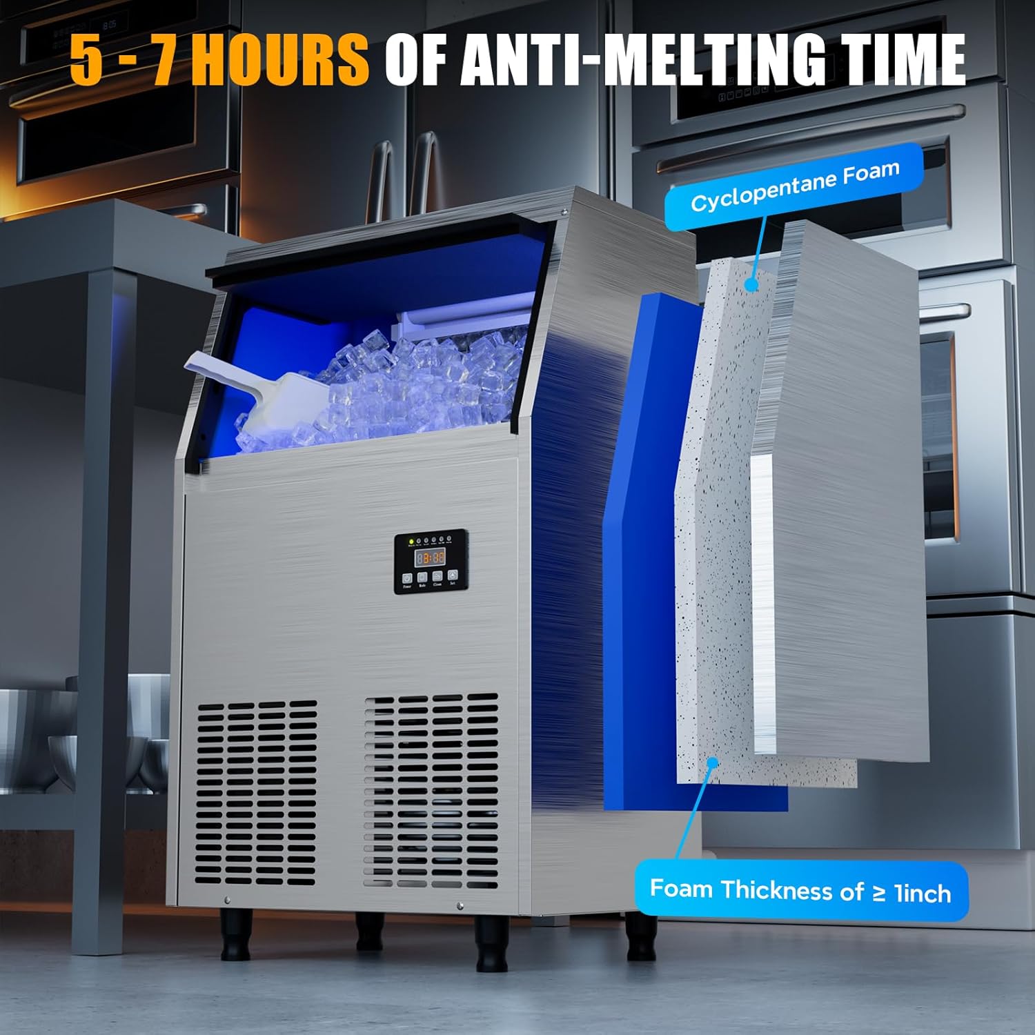 Coolski Commercial Under Counter Ice Maker, 200lbs/24H, ETL & DOE Certificated, 45pcs with 35lbs Storage Bin, Fan Cooling System Stainless Steel Freestanding Ice Machine for Bar Home Office Church