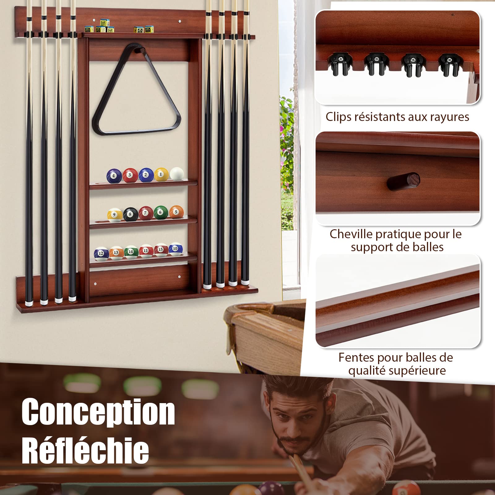GOPLUS Support pour Queues de Billard en Bois de Pin, Porte-queue 8 Queues, Support Mural, Brun