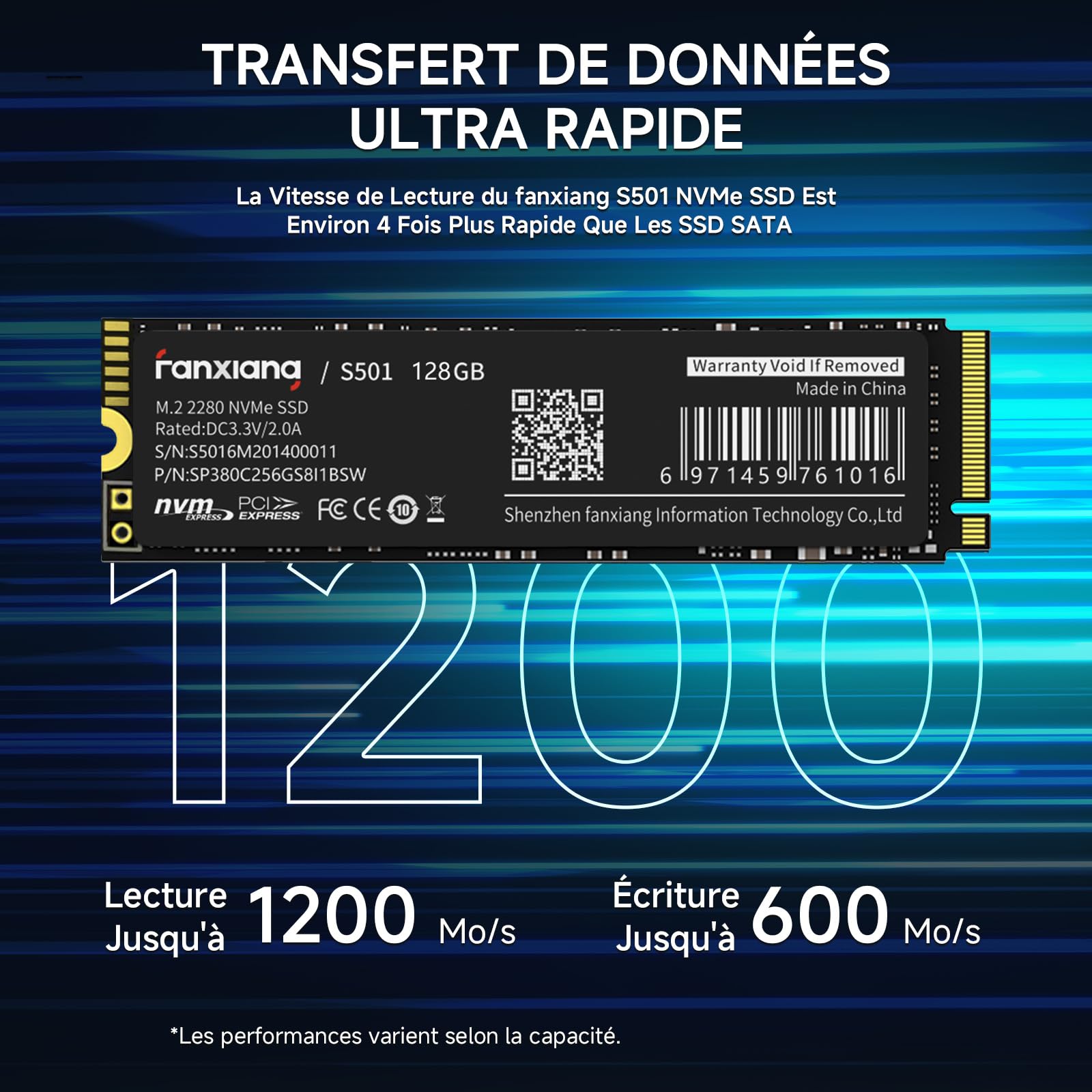 fanxiang S501 SSD NVMe 128Go M.2 PCIe Gen3.0x4 2280 Interne, Jusqu’à 1200 Mo/s en Lecture, Disque Dur SSD Compatible avec Ordinateurs Portables, PC et Ordinateurs de Bureau