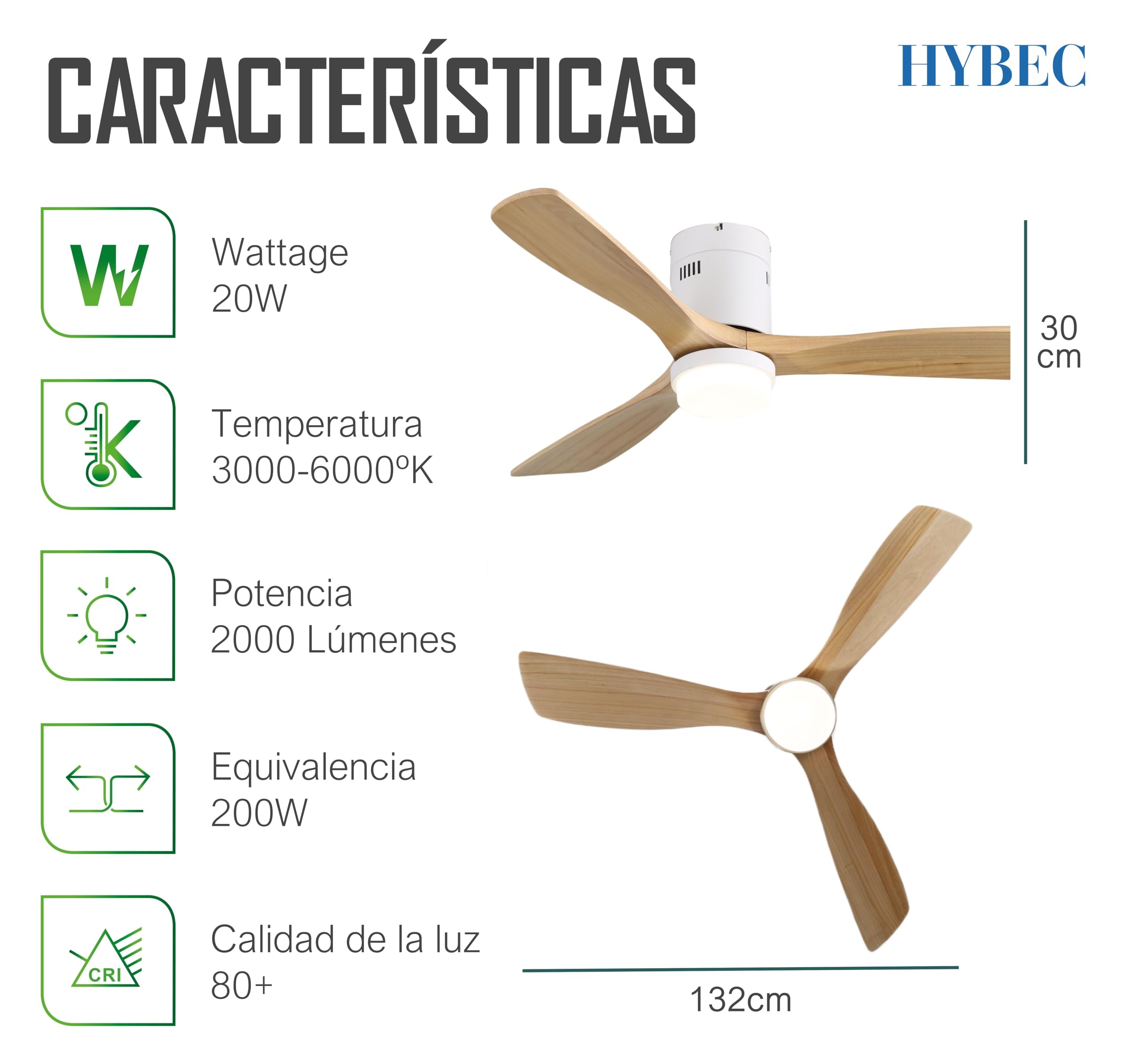 Ventilador techo grande 132 cm con luz LED 20W | Motor DC silencioso | 3 aspas madera natural | Mando con temporizador y función invierno/verano | Diseño moderno sin barra