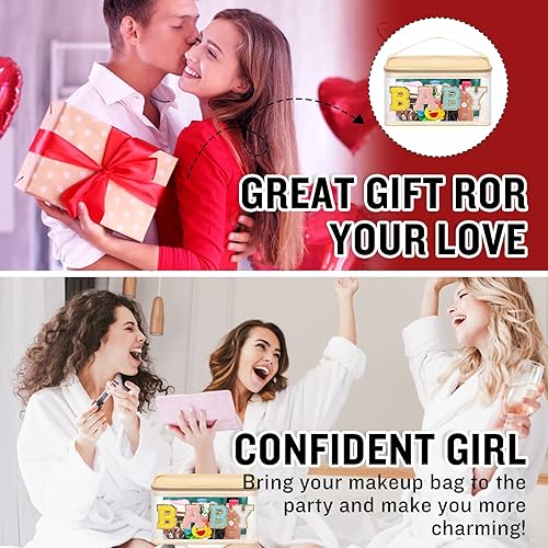 Miniatura 8 de izuzta Bolsas de maquillaje transparentes con letras de chenilla, bolsa de maquillaje de parche preppy con asa, BEBÉ-Beige