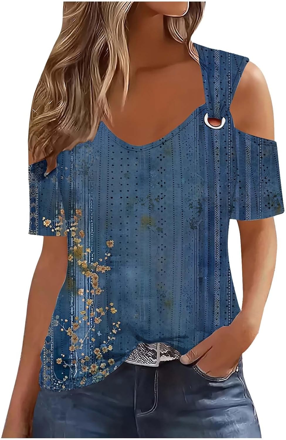 Women's Eyelet Shirts Cold Shoulder O Ring Short Sleeve Tops Graphic Printed Casual Comfort Blouses Tees