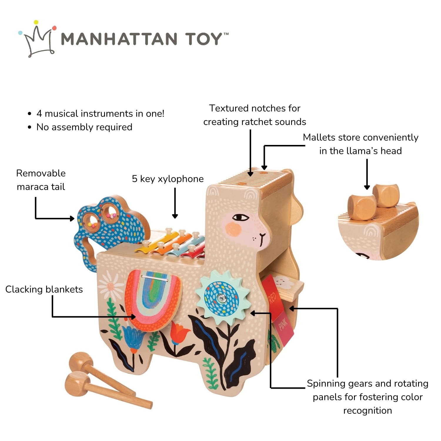 Manhattan Toy Musical Llama Holzinstrument für Kleinkinder mit Maraca, klappernden Satteltaschen, Drumsticks, Waschbrett und Xylophon