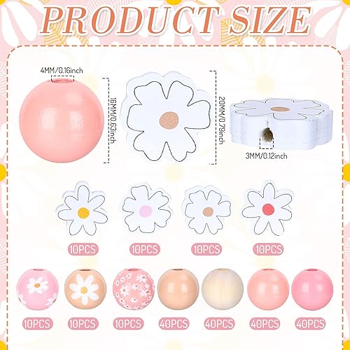 Miniatura 2 de Whaline 230 cuentas de madera bohemias de margaritas de verano de 0.632 pulgadas redondas de 4 colores sueltas de 0.787 pulgadas (0.787 in), cuentas