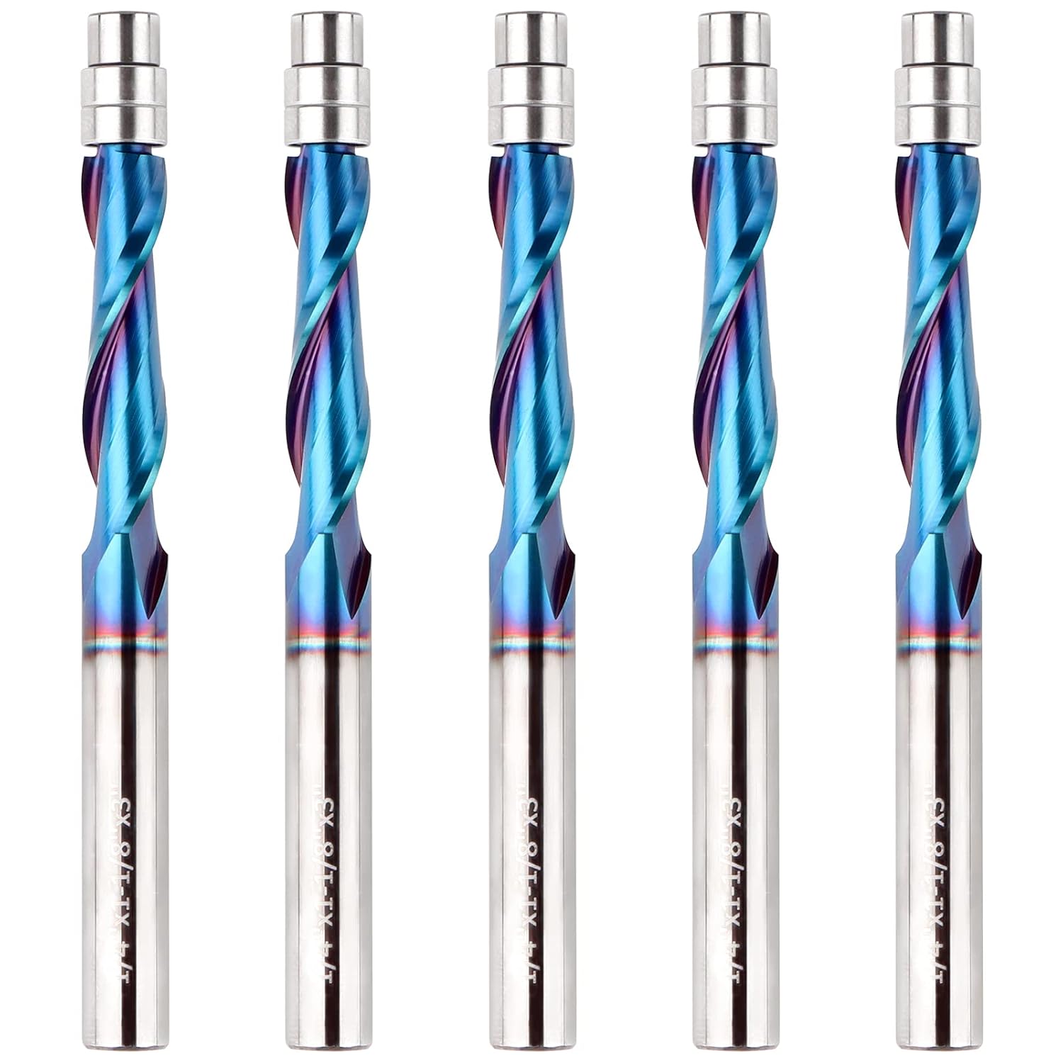 5PCS Upcut Spiral Flush Trim Router Bit, 1/4 Inch Shank Solid Carbide Flush Trim Router Bits CNC Spiral Bit with Nano Blue Coating(1/4" Shank Up-Cut) UP CUT 5