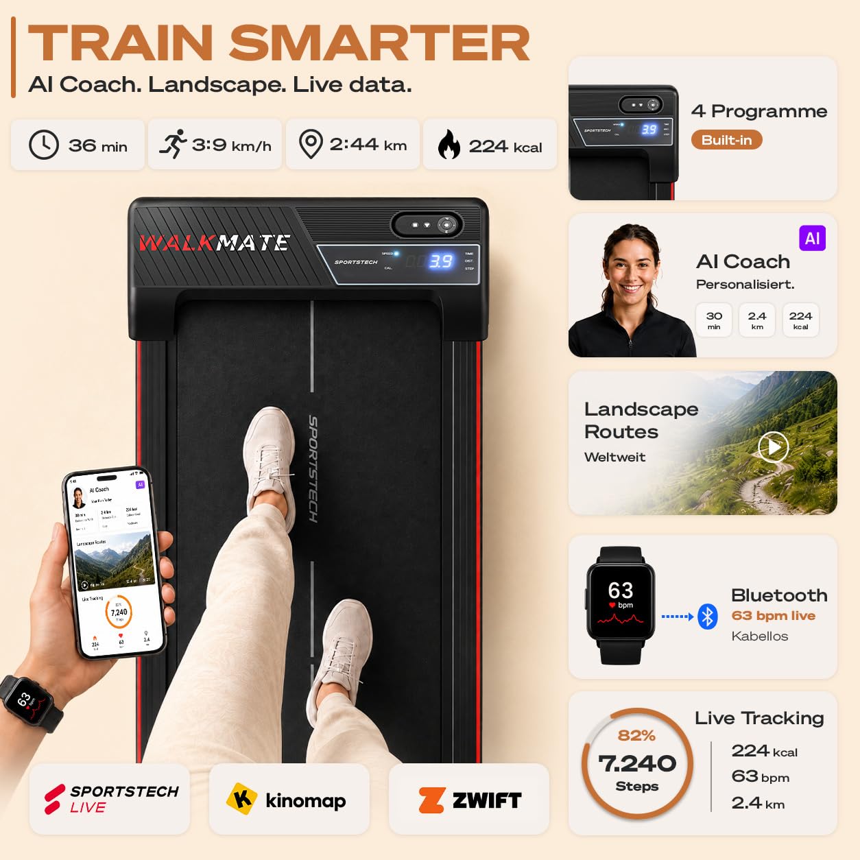 Sportstech Walking Pad - Laufband Für Zuhause mit Steigung bis 5% | 1-6km/h, inklusive App Mitgliedschaft | Home Office, Schrittzähler, leicht & kompakt, Transportrollen | WalkMate bis 120kg