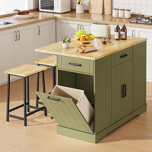 47' Kitchen Island with Trash Can Storage, Include 2 Chairs, Black | Stationary Island Table with Drop Leaf & Power Outl