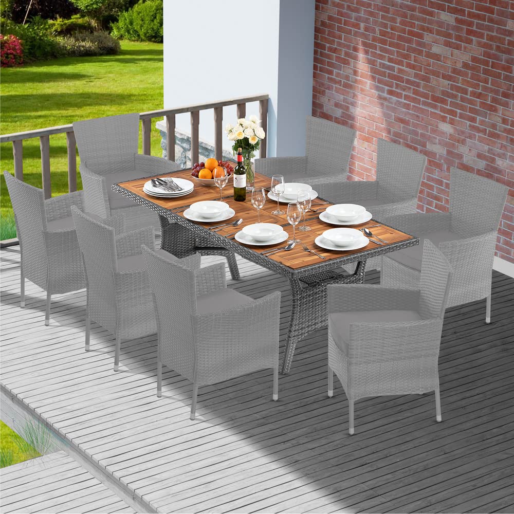 Casaria Tavolo da Giardino in Polyrattan Ripiano in Legno di Acacia 190x90x74cm Regolabile in Altezza per Esterno Pranzo Terrazza