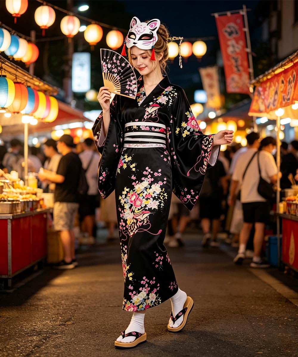 Geisha Yukata Japonés, Robe Kimono Mujer con Horquilla, Abanico Plegable y Bolsa, Albornoz Tradicional Japonés para Cosplay y Carnaval