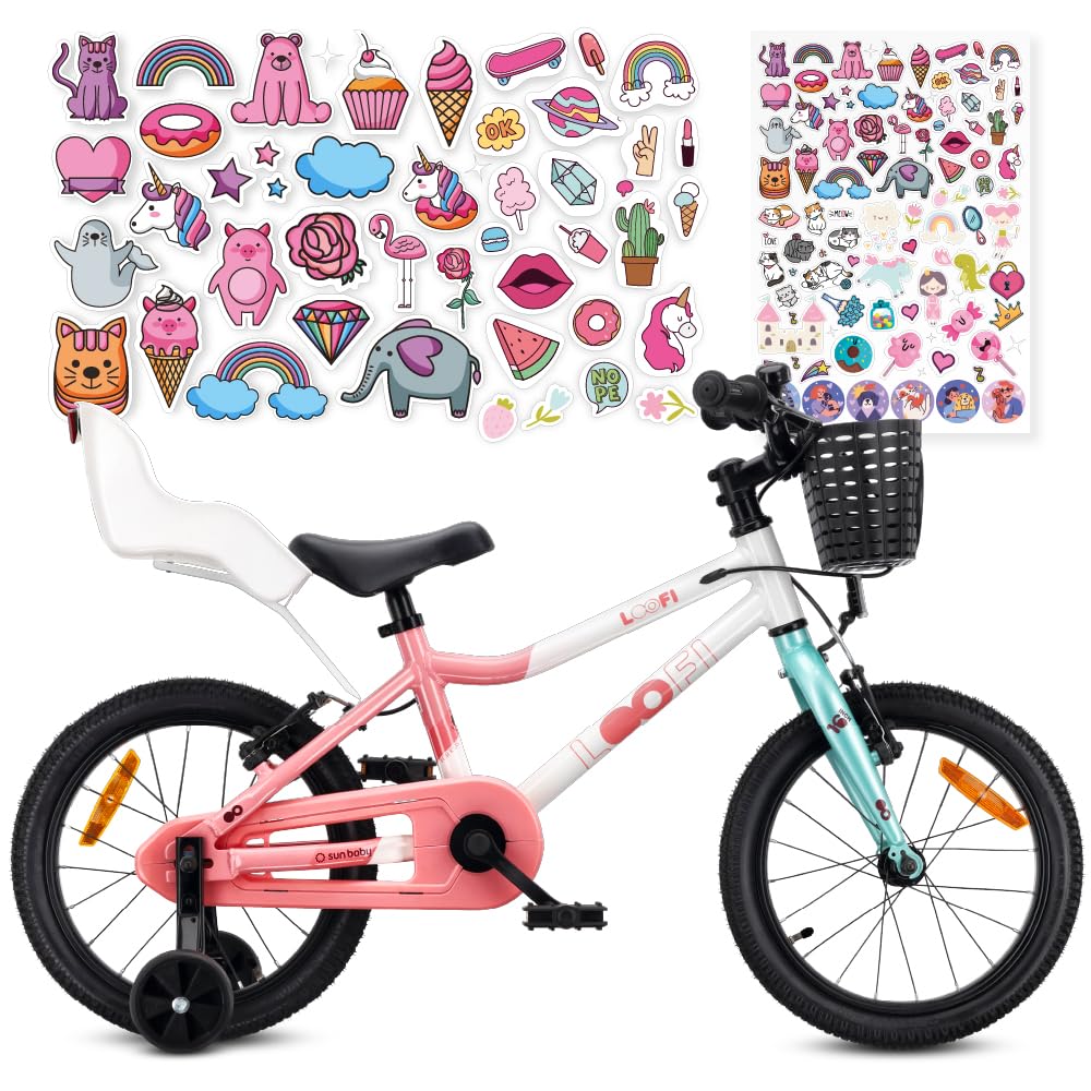 sun baby LOOFI Bicicleta niño y niña 12, 14 o 16" | Para 2–6 años, cuadro de aluminio ligero, ruedines, cesta, timbre y pegatinas