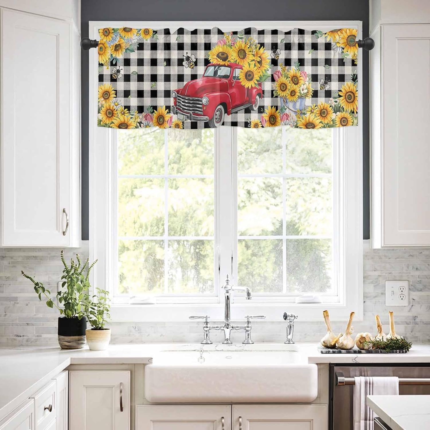 T&H XHome Window Treatment Valances Red Truck with Sunflowers Vintage Rustic Black Plaid Design Rod Pocket Curtain Valance for Kitchen, Bathroom, Living Room, Bedroom 54" W x 18" L