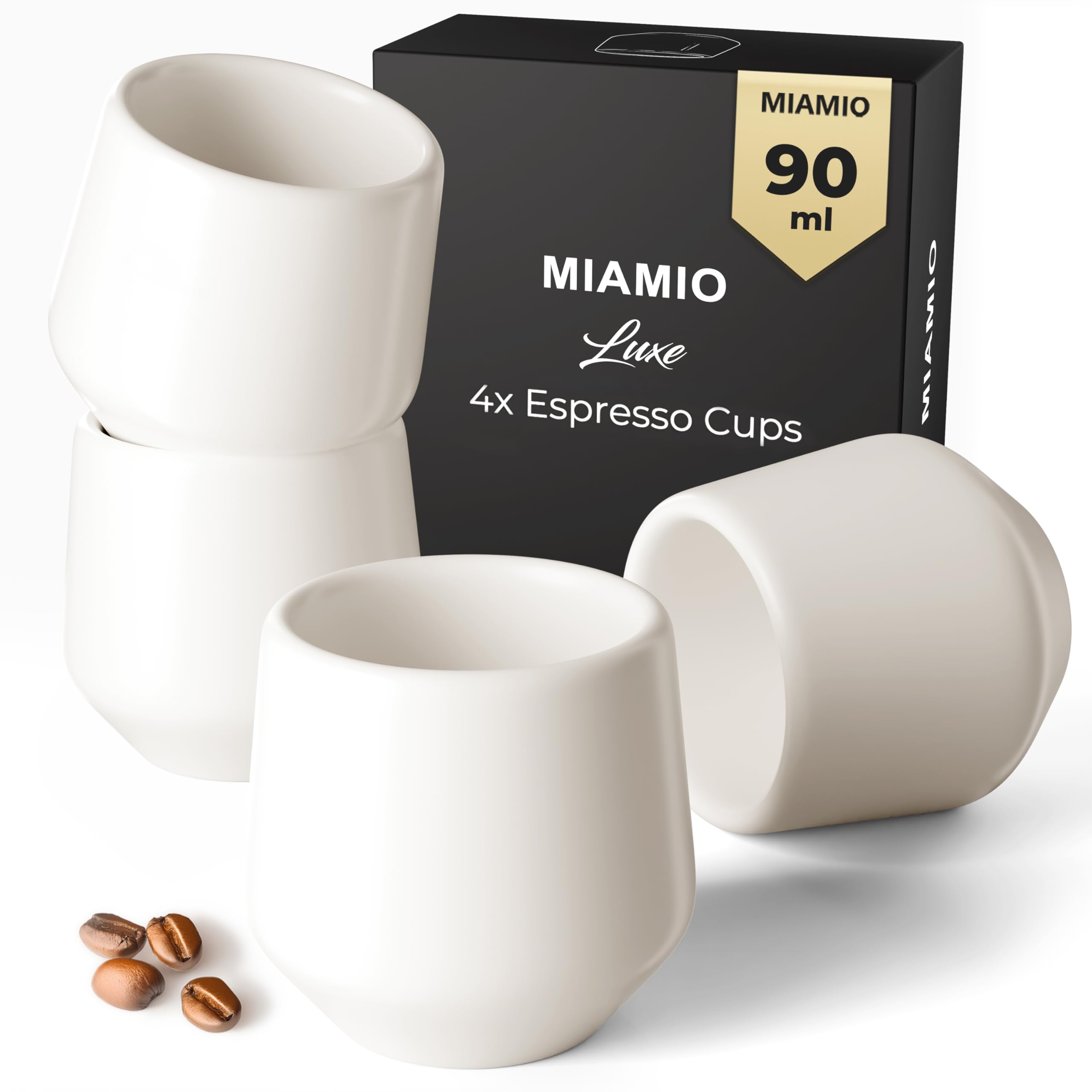 MIAMIO - Espressotassen 4er Set ohne Henkel (90 ml), Keramik Espresso Tassen dickwandig, Moderne Steingut Espressobecher & Mokkatassen - Luxe Collection (Weiß)