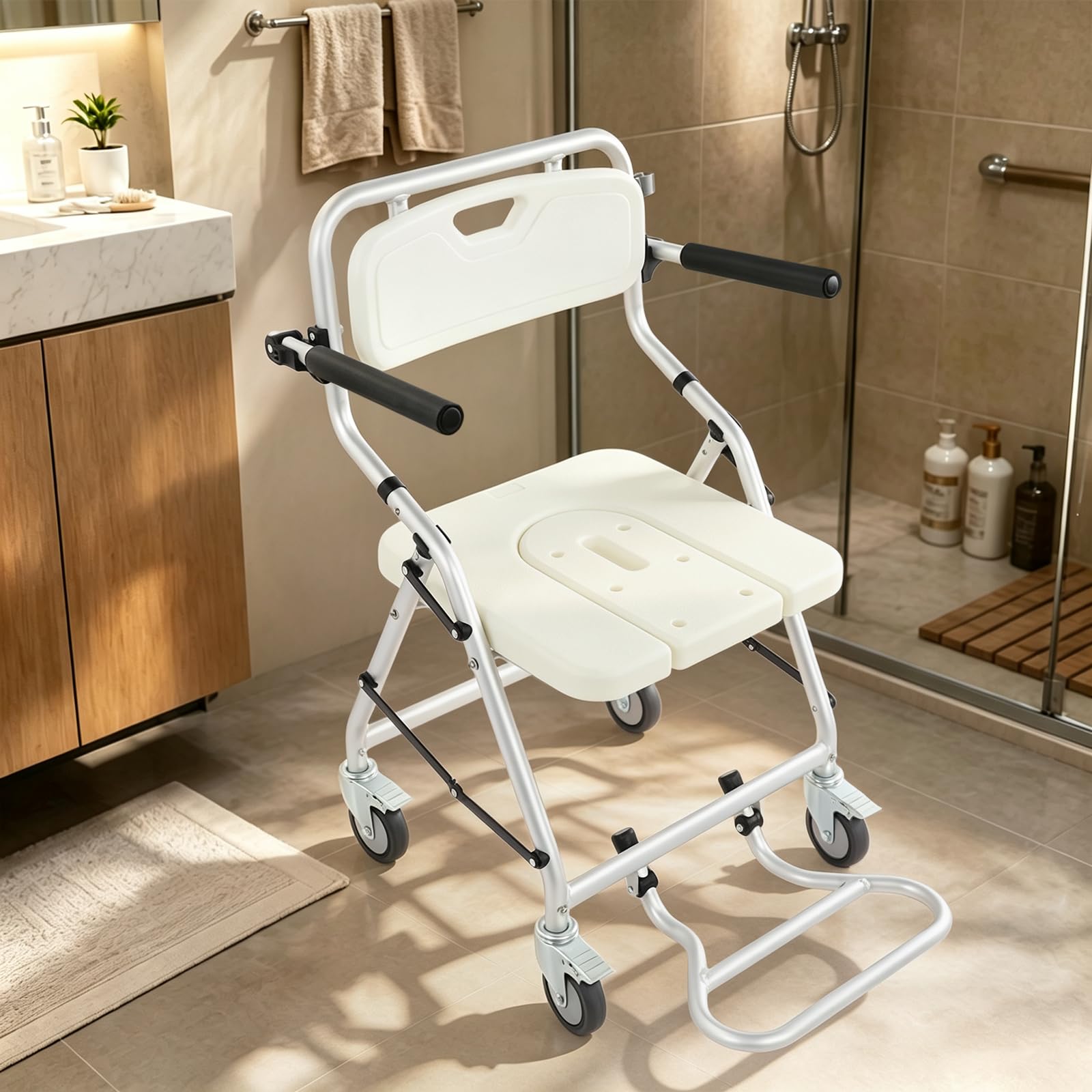 Silla de ducha plegable con ruedas de freno, silla de ducha 3 en 1