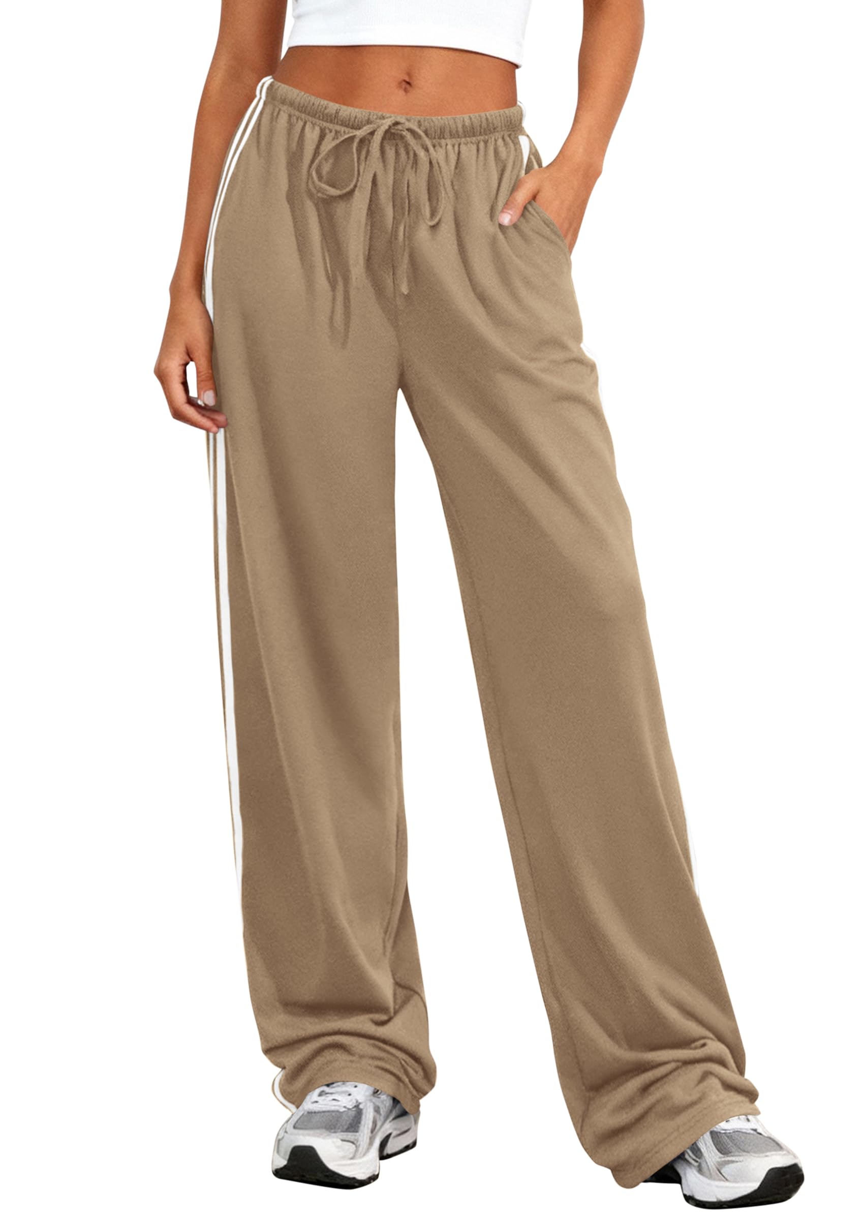 PRETTYGARDEN Womens Wide Leg Sweat Pants Striped Drawstring Waist Casual Athletic Track Flowy Pants Trousers Summer Clothes Khaki X-Large