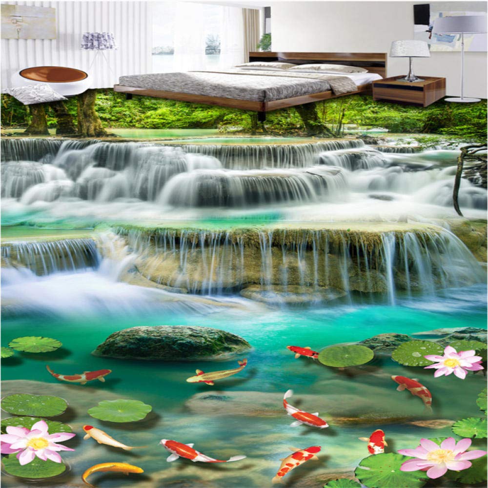 Papel tapiz 3d Cascadas cascadas lotus carp 3D estereoscópico suelo baldosas sala de estar baño 3d suelo-250cmX175cm