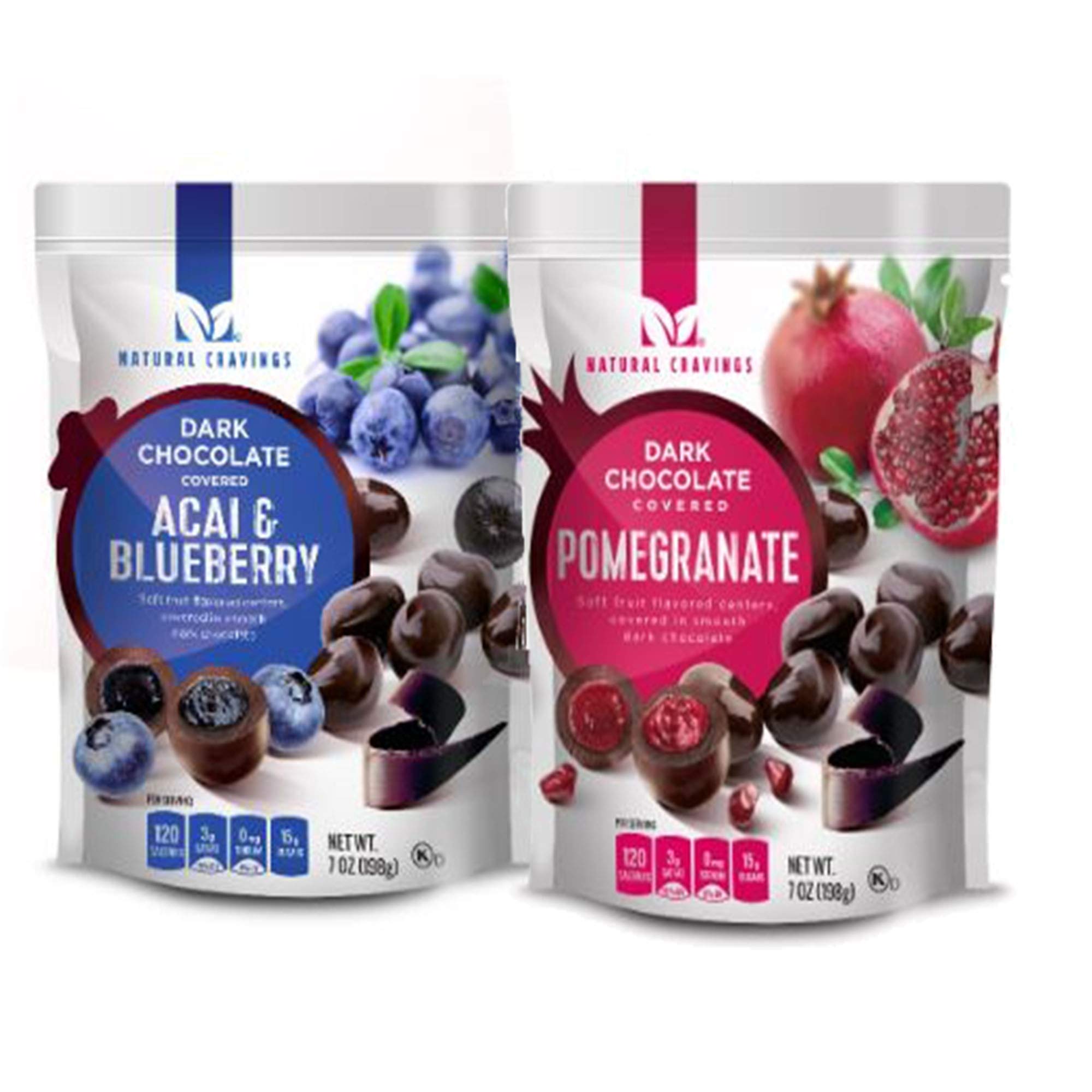 Natural Cravings Dark Chocolate Covered Pomegranates | Dark Chocolate Covered Acai & Blueberry BUNDLE 7oz EACH