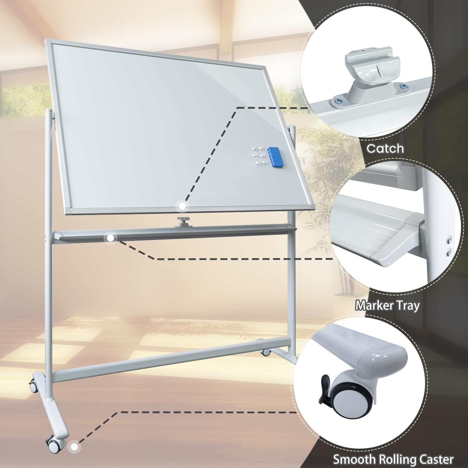 Duża mobilna szklana biała tablica z kółkami – 122 cm x 91 cm, zwijana, suchościeralna, ze stojakiem, dwustronna tablica ze stojakiem, dwustronna tablica