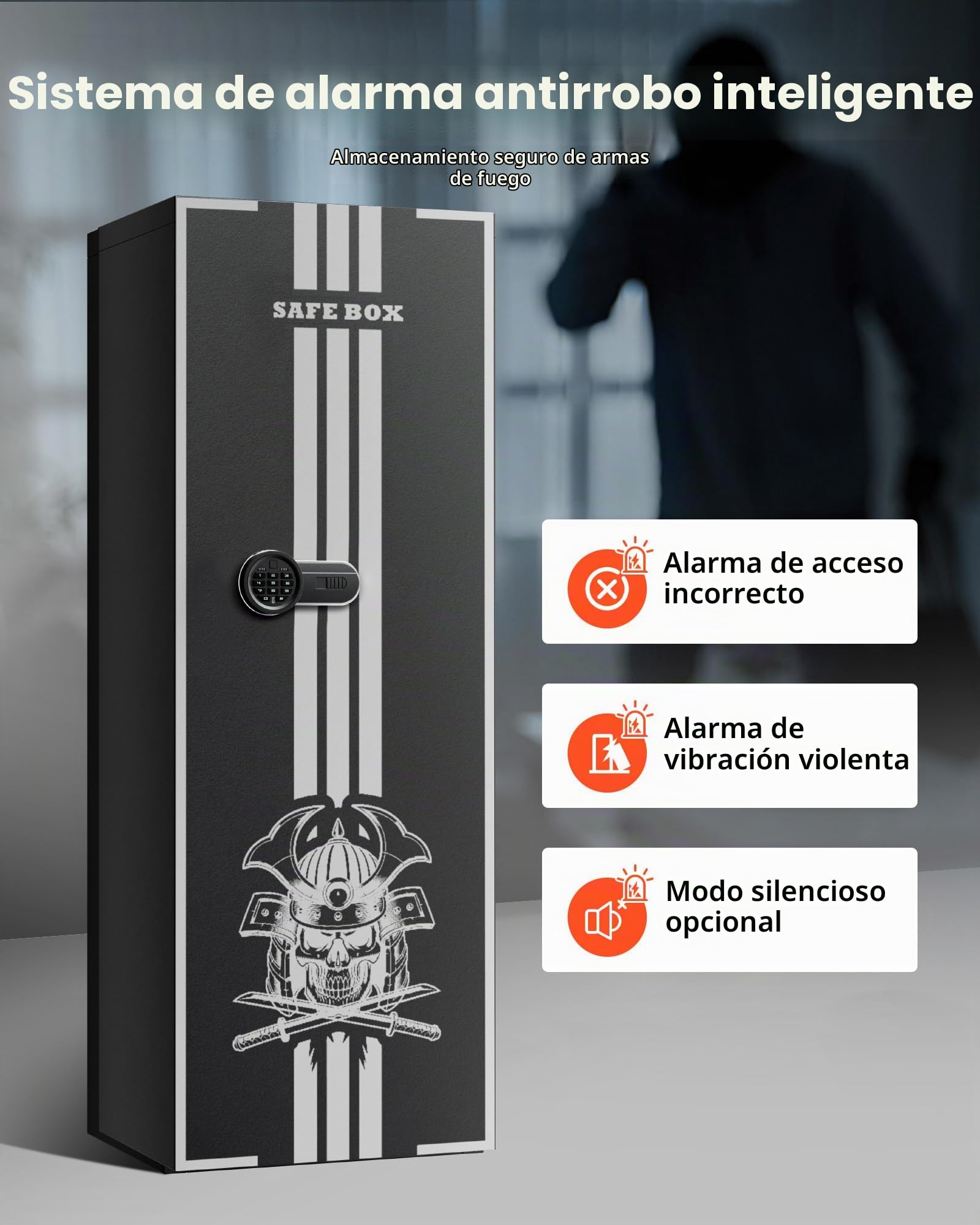 VEVOR Armario para Armas Largas con Cerradura con Llave y Contraseña, Caja Fuerte para 4 Rifles con 3 Ranuras para Munición y 2 Estantes Ajustables, 53,6 x 38,6 x 143 cm (Requiere Ensamblaje)